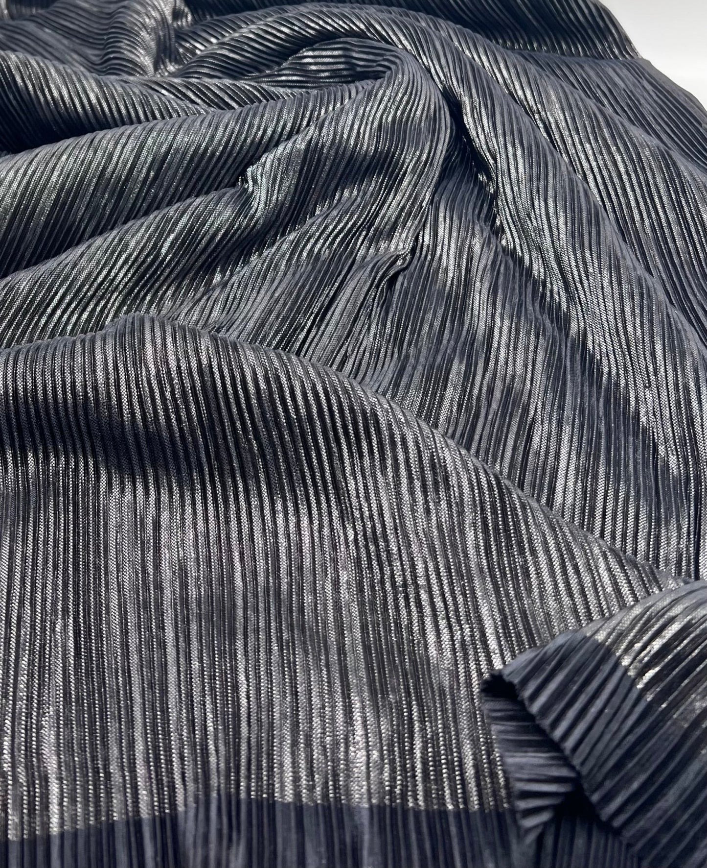 Grey Metallic Shiny Foil Plisse Pleated Stretch Fabric - T9 Fabrics