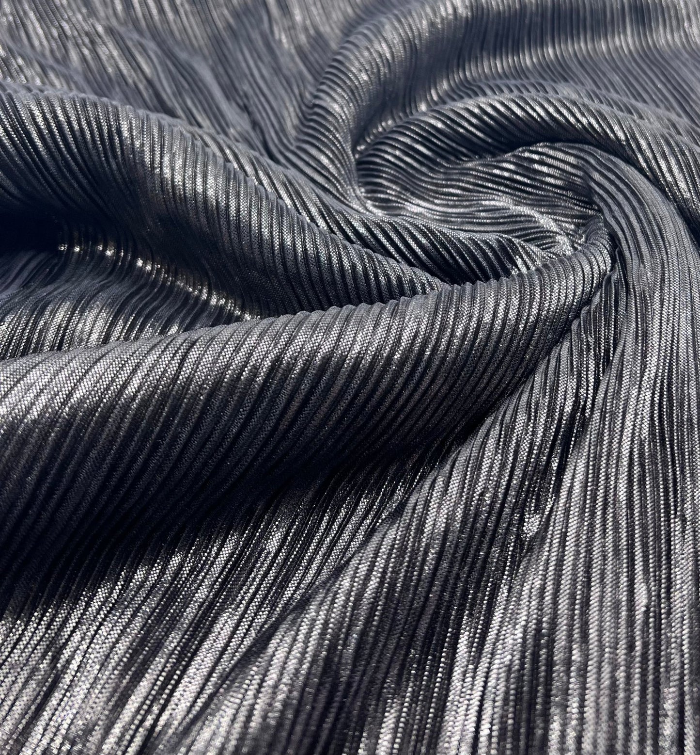 Grey Metallic Shiny Foil Plisse Pleated Stretch Fabric - T9 Fabrics