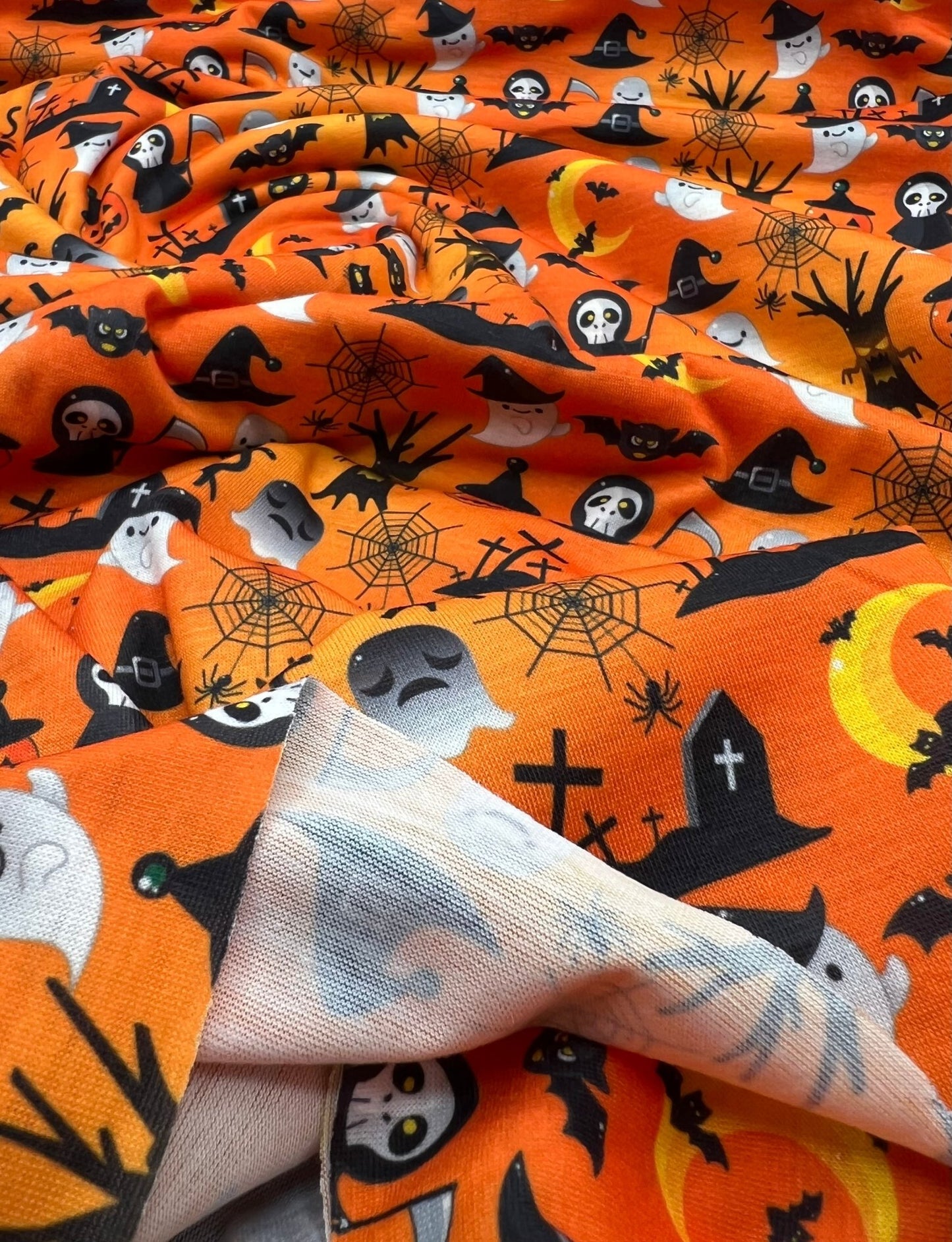 Halloween Ghost Graveyard Print Spun Poly Stretch Fabric - T9 Fabrics