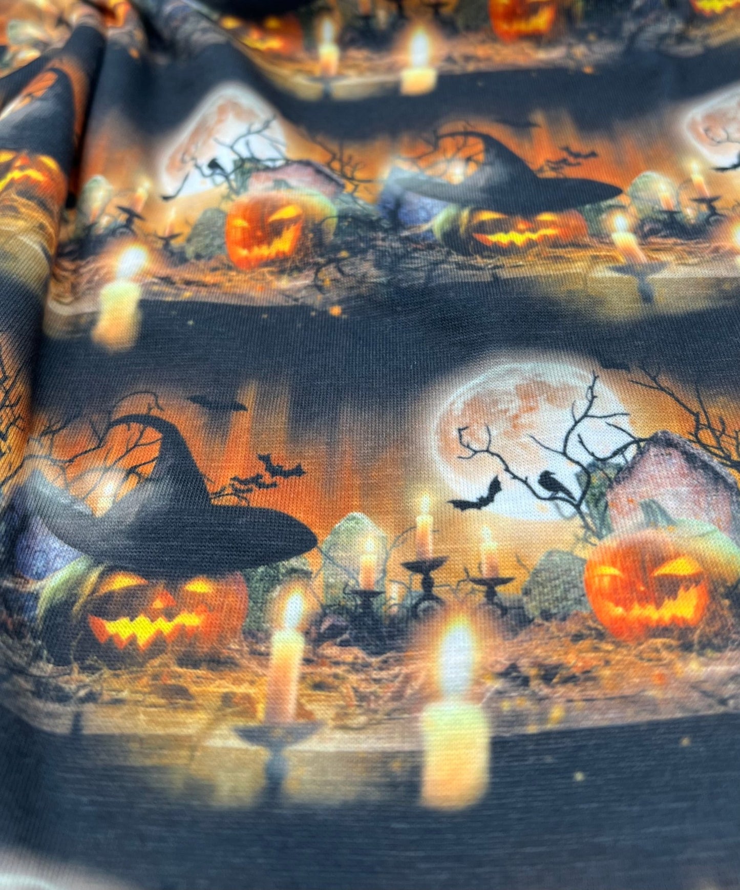 Halloween Pumpkin Candle Print Spun Poly Stretch Fabric - T9 Fabrics