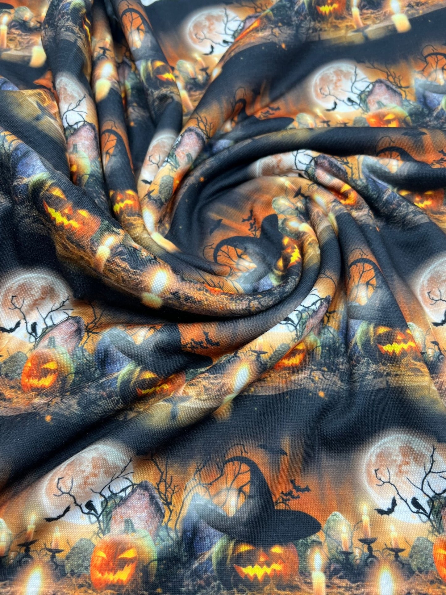 Halloween Pumpkin Candle Print Spun Poly Stretch Fabric - T9 Fabrics