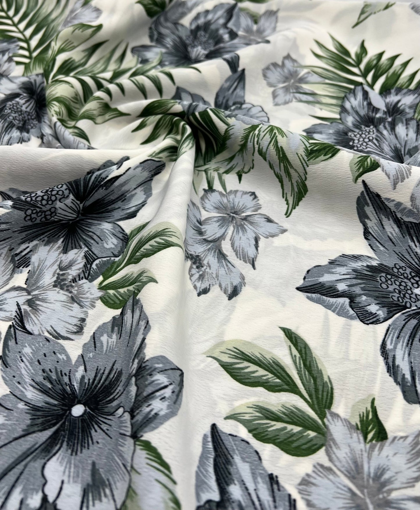 Ivory Blue Leaf Floral Lightweight Non Stretch Woven Fabric - T9 Fabrics