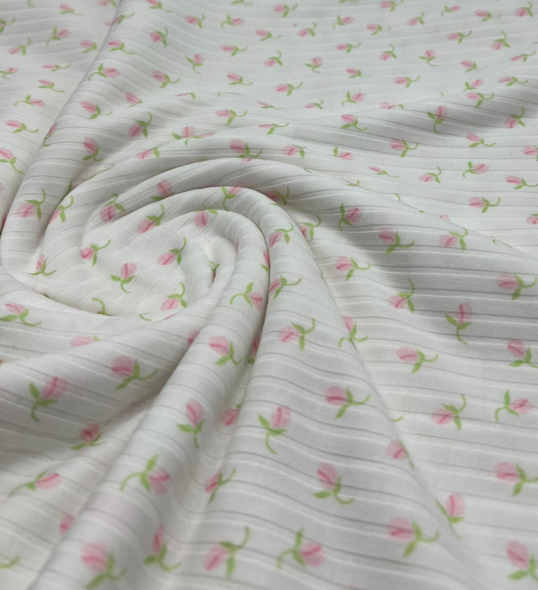 Ivory Green Pink Floral Ditsy Print 8x4 Wide Rib Stretch Fabric - T9 Fabrics