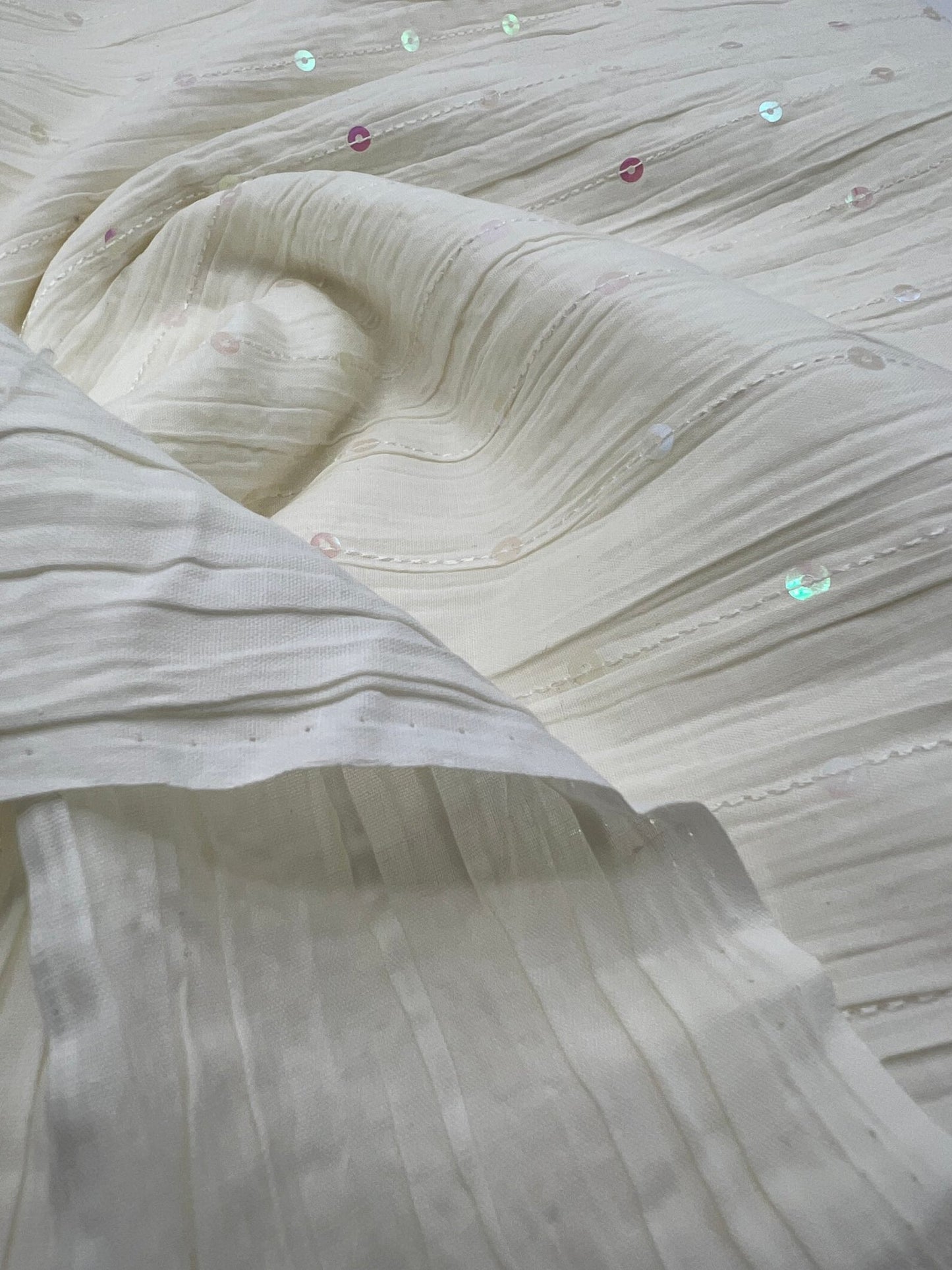 Ivory Sequin Crinkled Lightweight Non Stretch Woven Fabric - T9 Fabrics