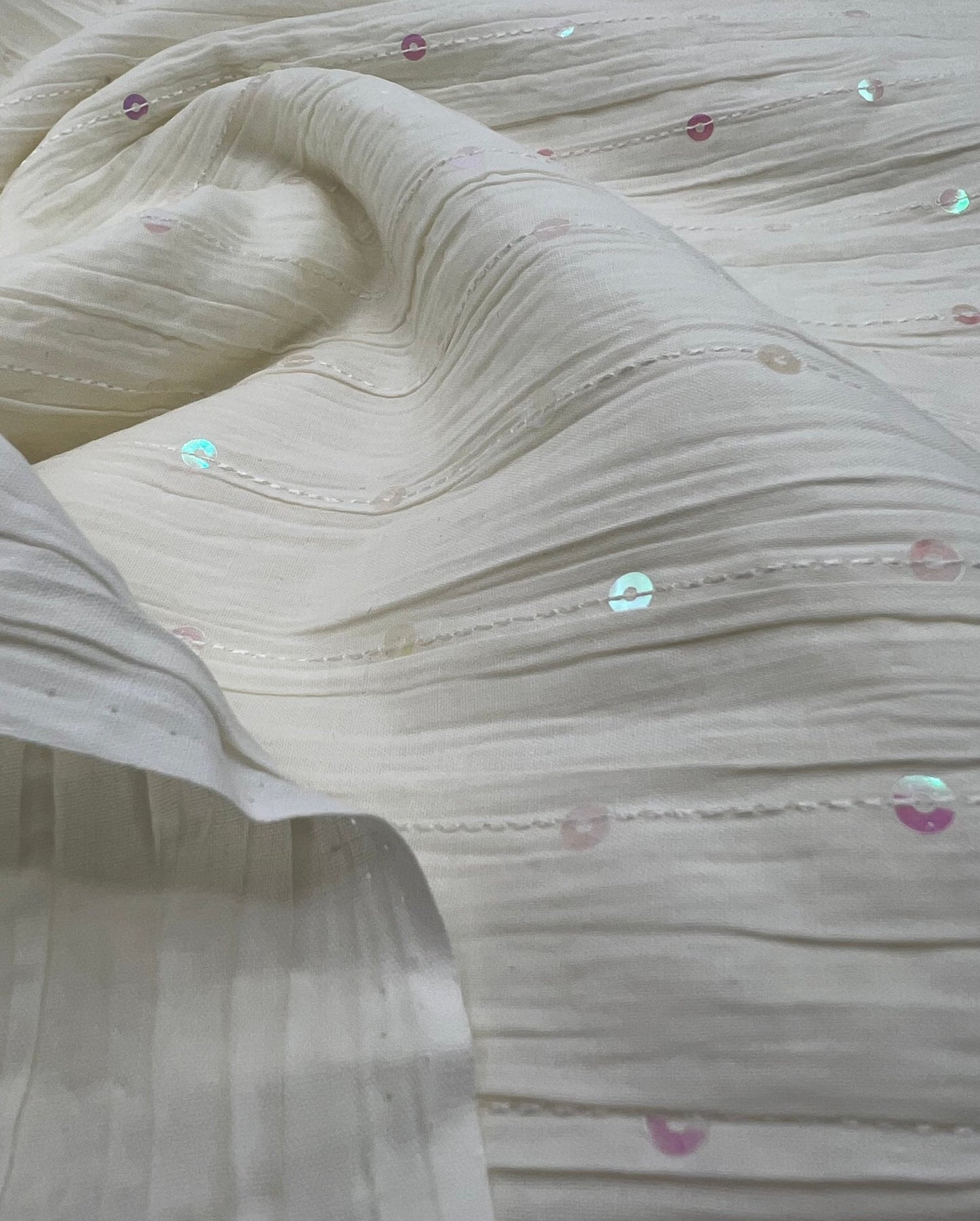 Ivory Sequin Crinkled Lightweight Non Stretch Woven Fabric - T9 Fabrics