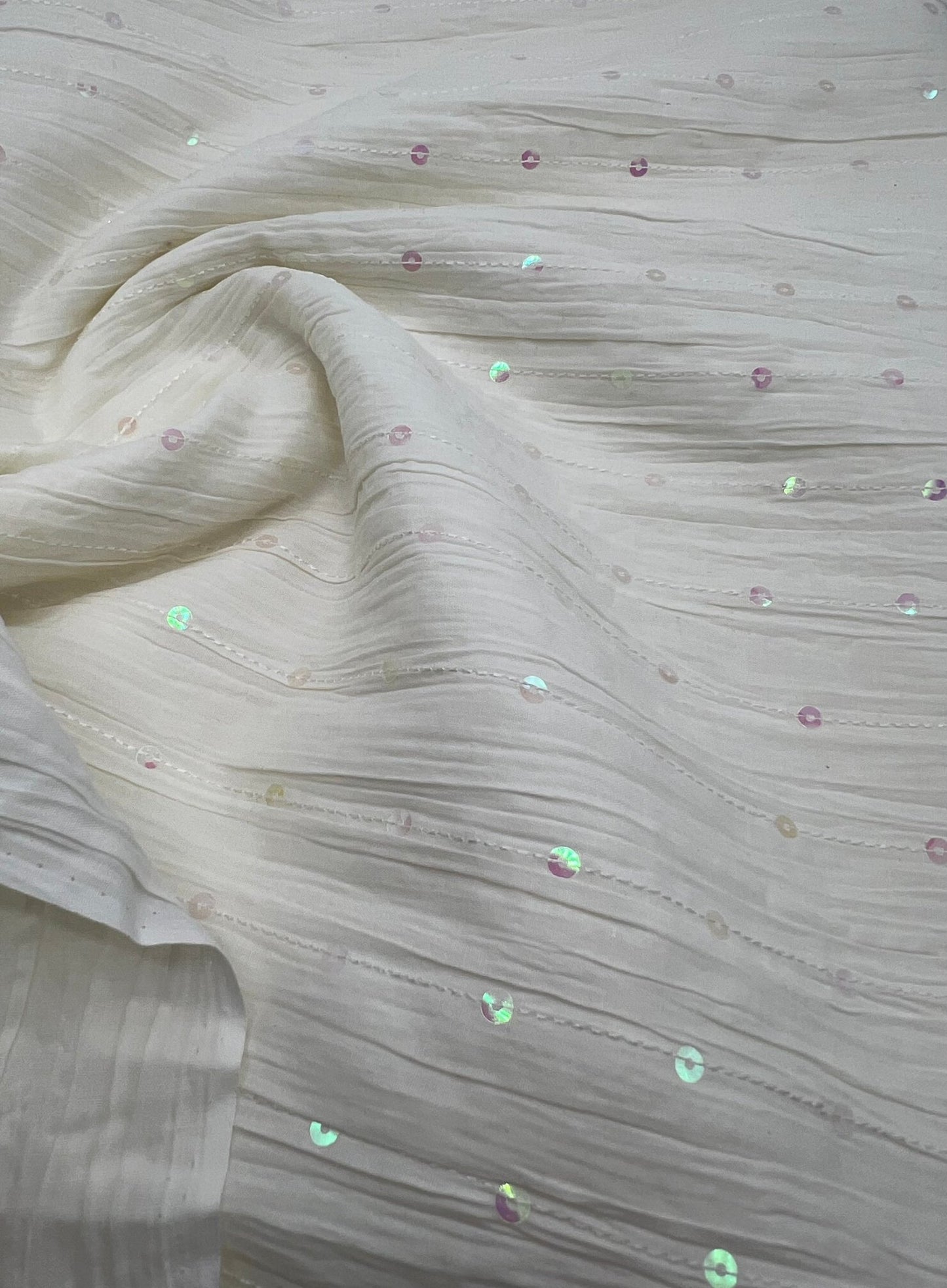 Ivory Sequin Crinkled Lightweight Non Stretch Woven Fabric - T9 Fabrics