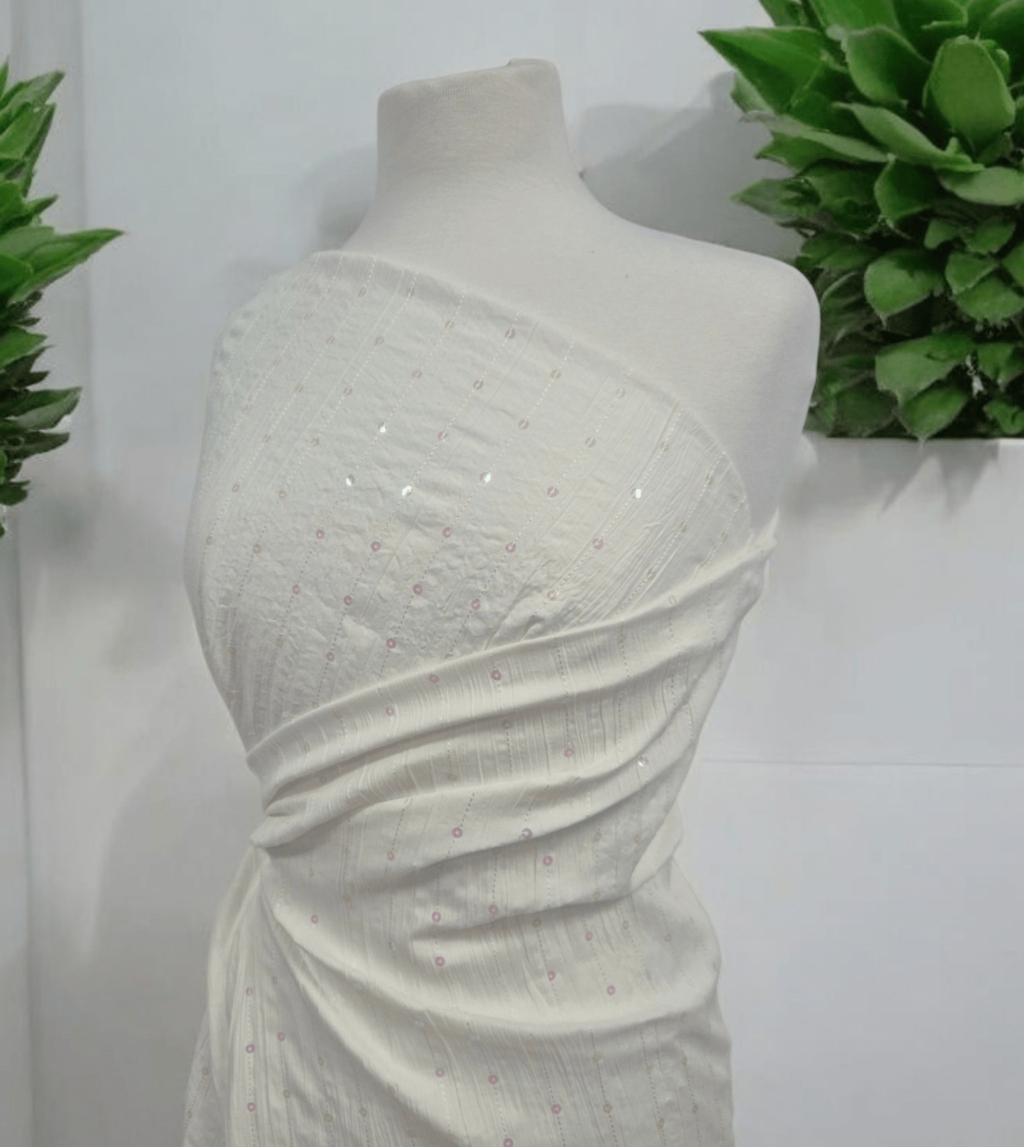 Ivory Sequin Crinkled Lightweight Non Stretch Woven Fabric - T9 Fabrics