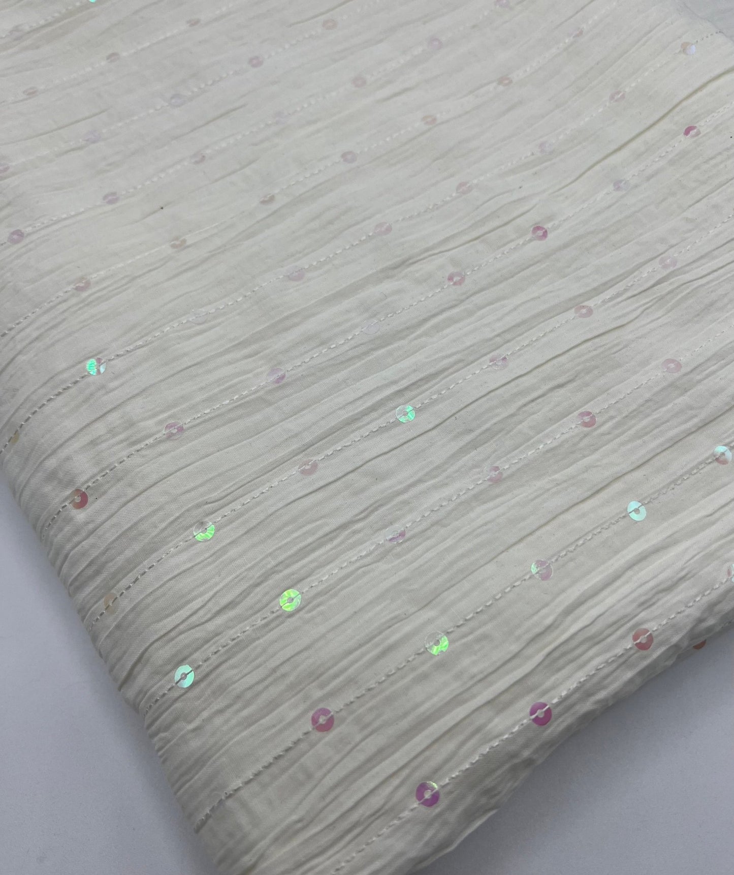 Ivory Sequin Crinkled Lightweight Non Stretch Woven Fabric - T9 Fabrics