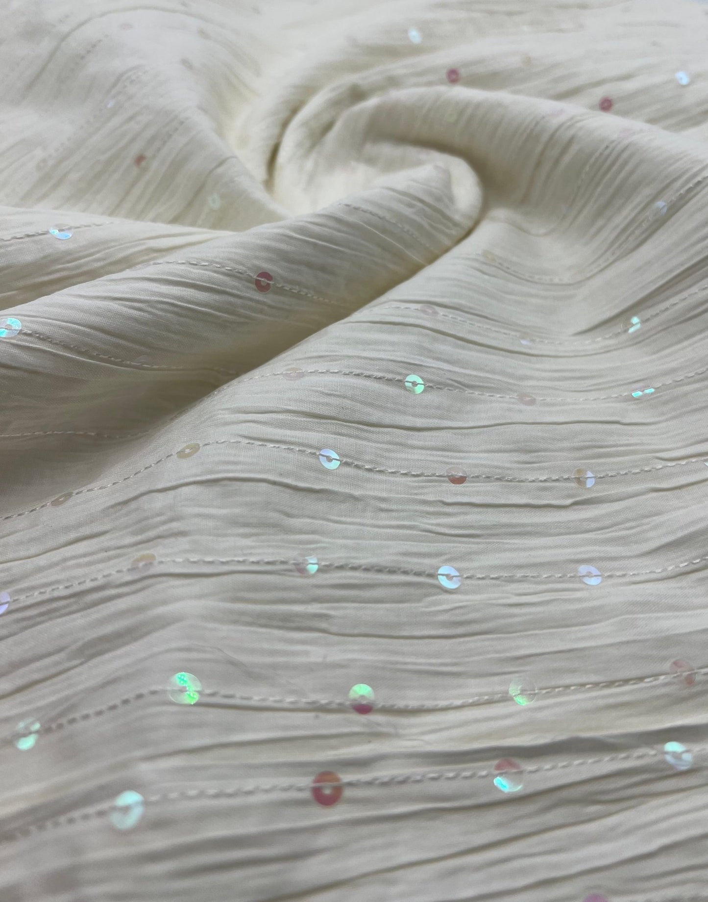 Ivory Sequin Crinkled Lightweight Non Stretch Woven Fabric - T9 Fabrics
