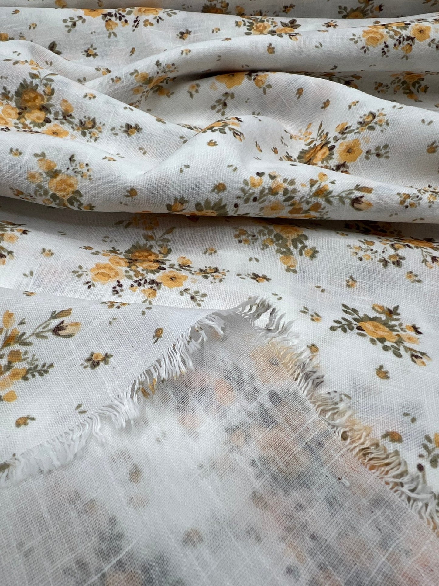 Ivory Yellow Floral Polyester Linen Non Stretch Fabric - T9 Fabrics