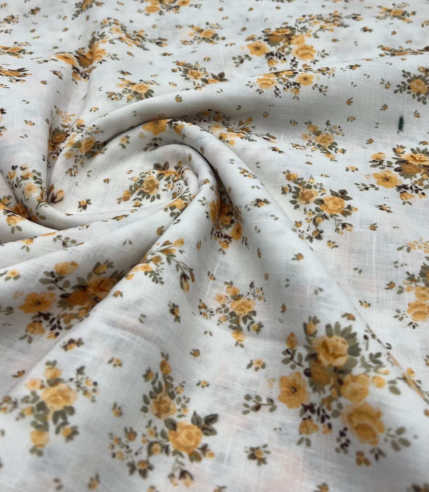 Ivory Yellow Floral Polyester Linen Non Stretch Fabric - T9 Fabrics