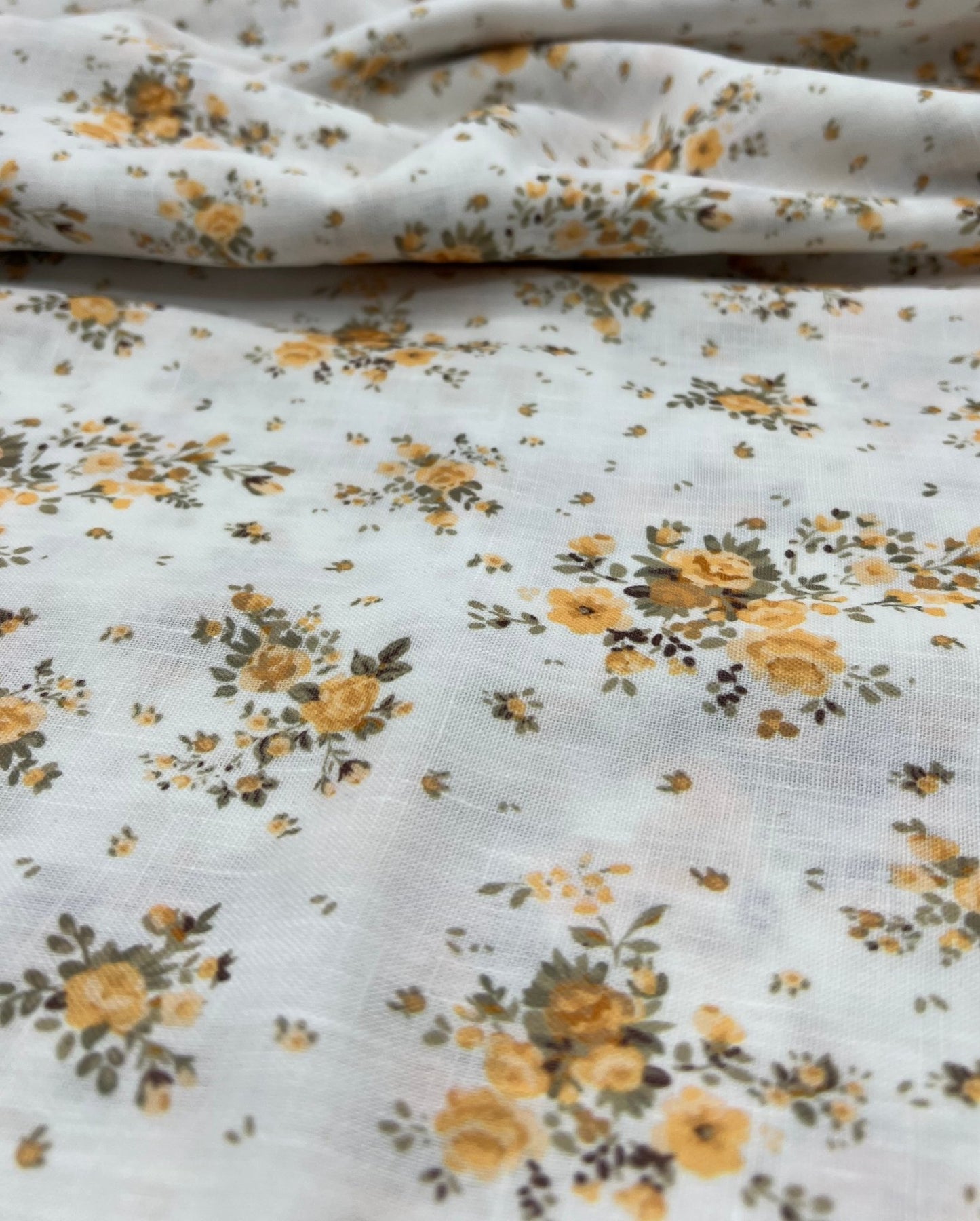 Ivory Yellow Floral Polyester Linen Non Stretch Fabric - T9 Fabrics