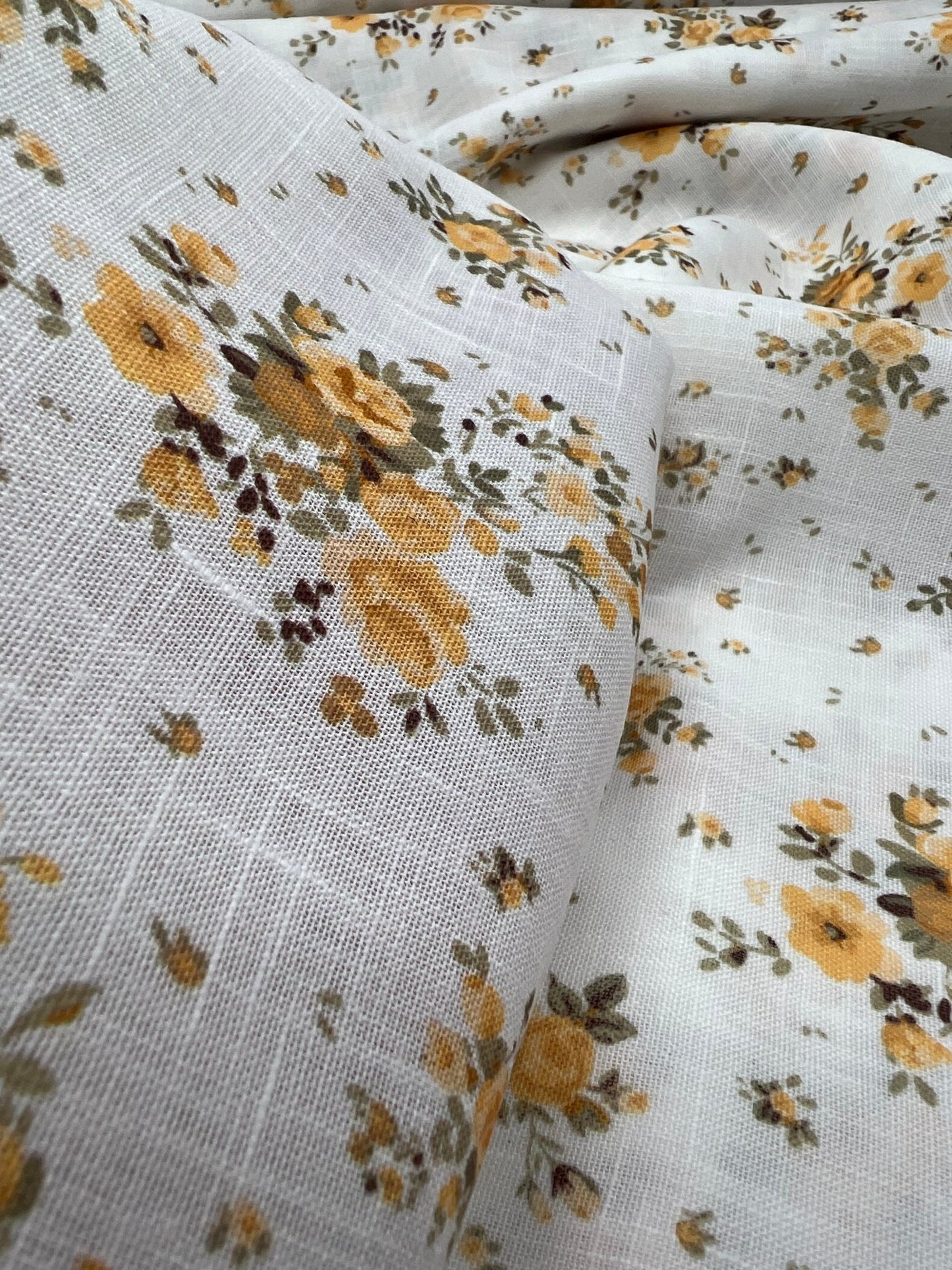 Ivory Yellow Floral Polyester Linen Non Stretch Fabric - T9 Fabrics