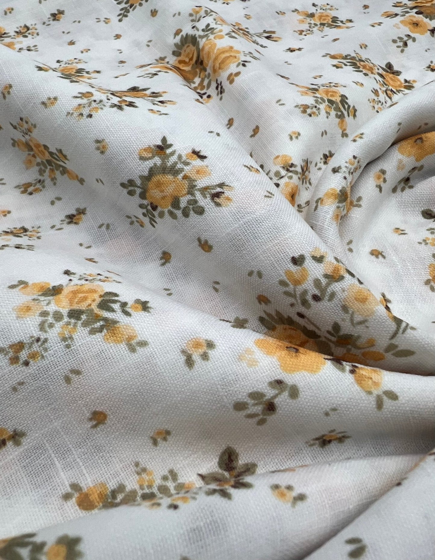 Ivory Yellow Floral Polyester Linen Non Stretch Fabric - T9 Fabrics