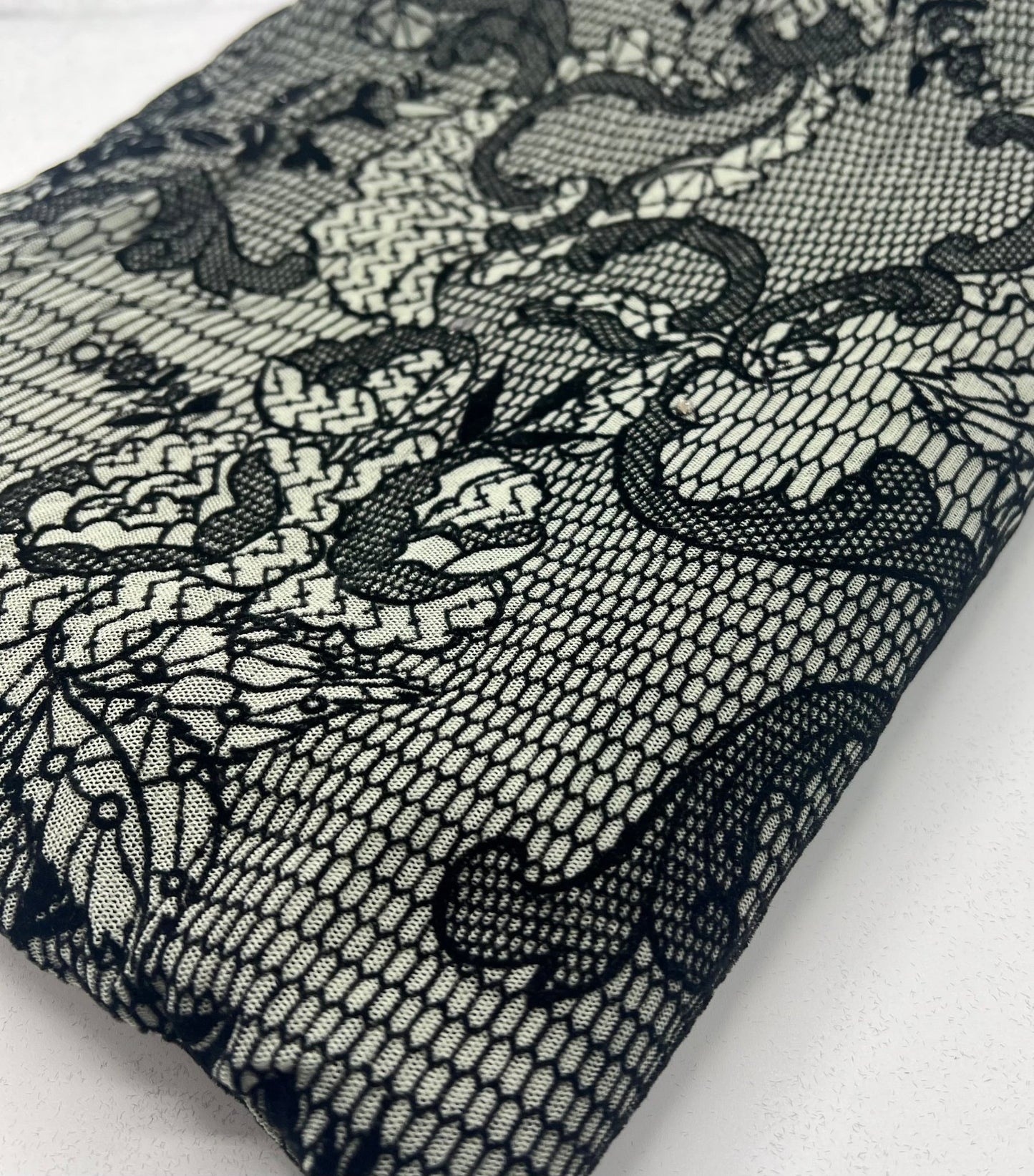 Khaki Green Floral Embossed Flocked Mesh Fabric 2 Way Stretch - T9 Fabrics