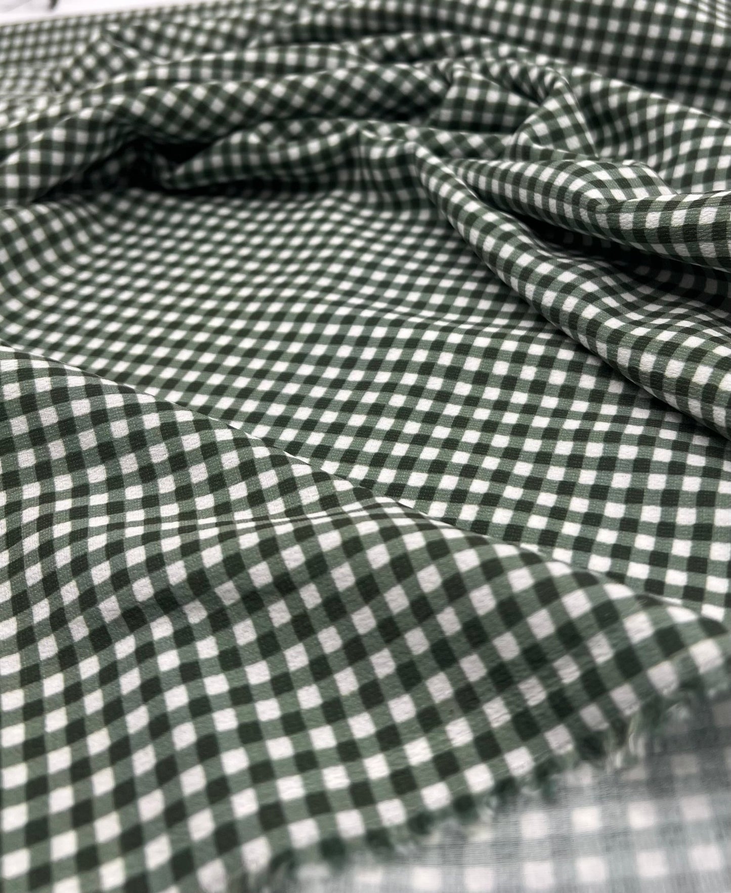 Khaki Green Gingham Check Print Lightweight Bubble Crepe Fabric - T9 Fabrics