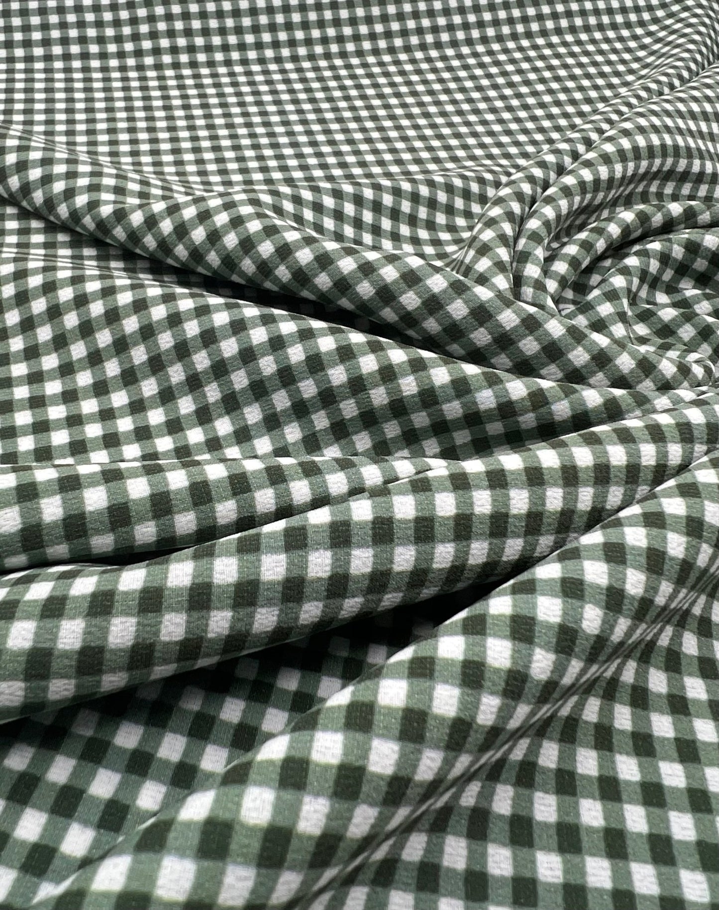 Khaki Green Gingham Check Print Lightweight Bubble Crepe Fabric - T9 Fabrics