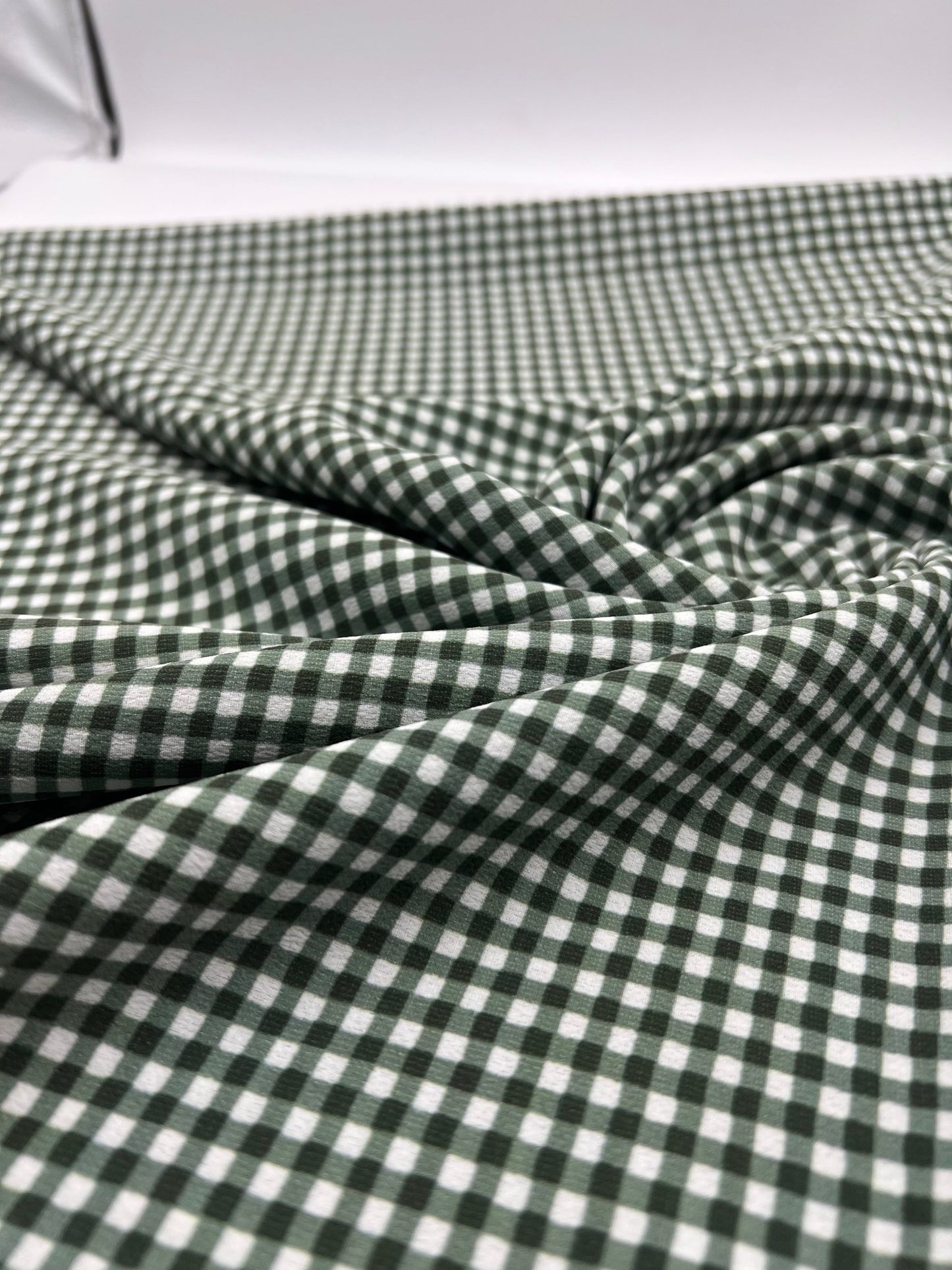 Khaki Green Gingham Check Print Lightweight Bubble Crepe Fabric - T9 Fabrics