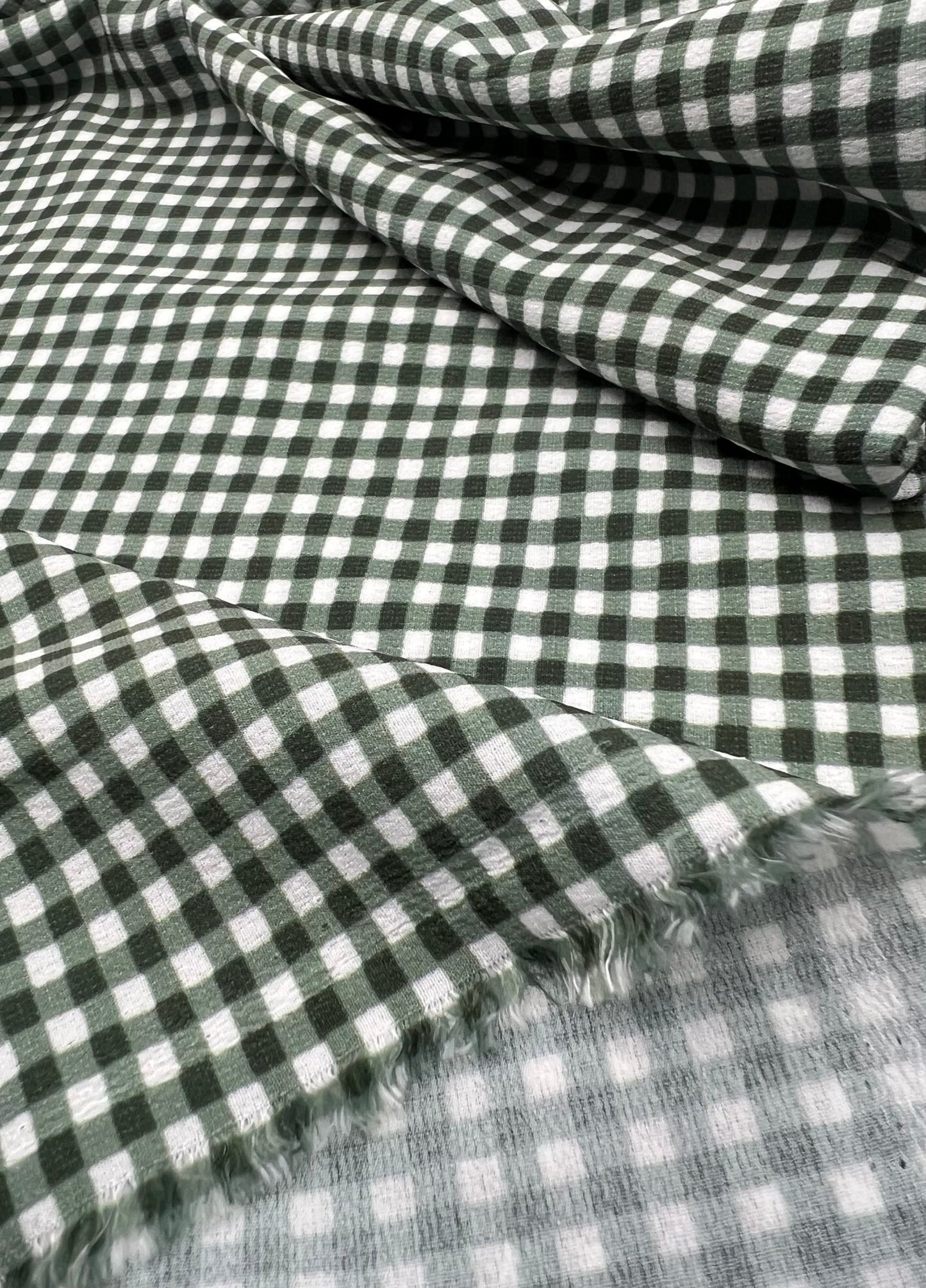 Khaki Green Gingham Check Print Lightweight Bubble Crepe Fabric - T9 Fabrics