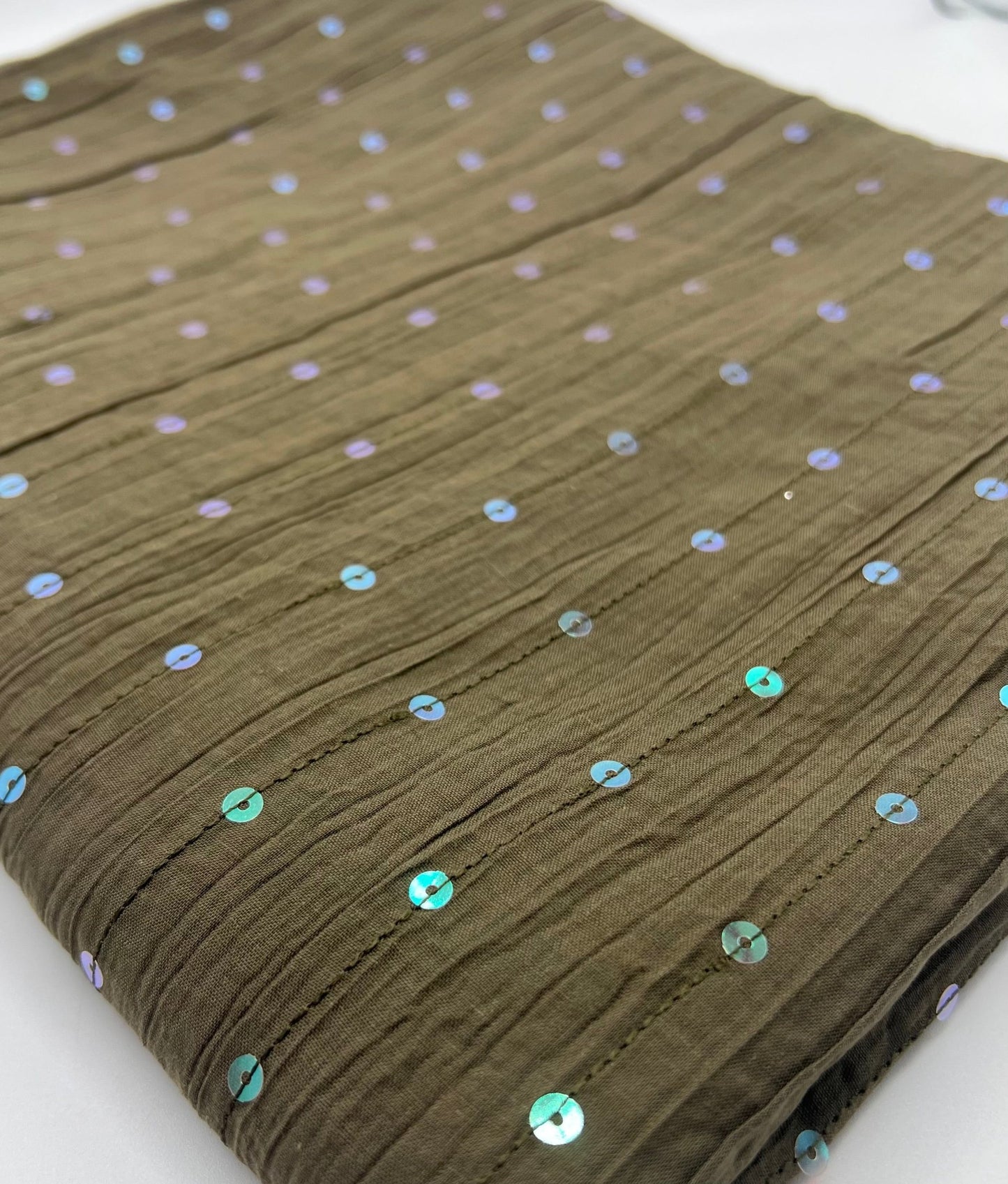 Khaki Sequin Crinkled Lightweight Non Stretch Woven Fabric - T9 Fabrics