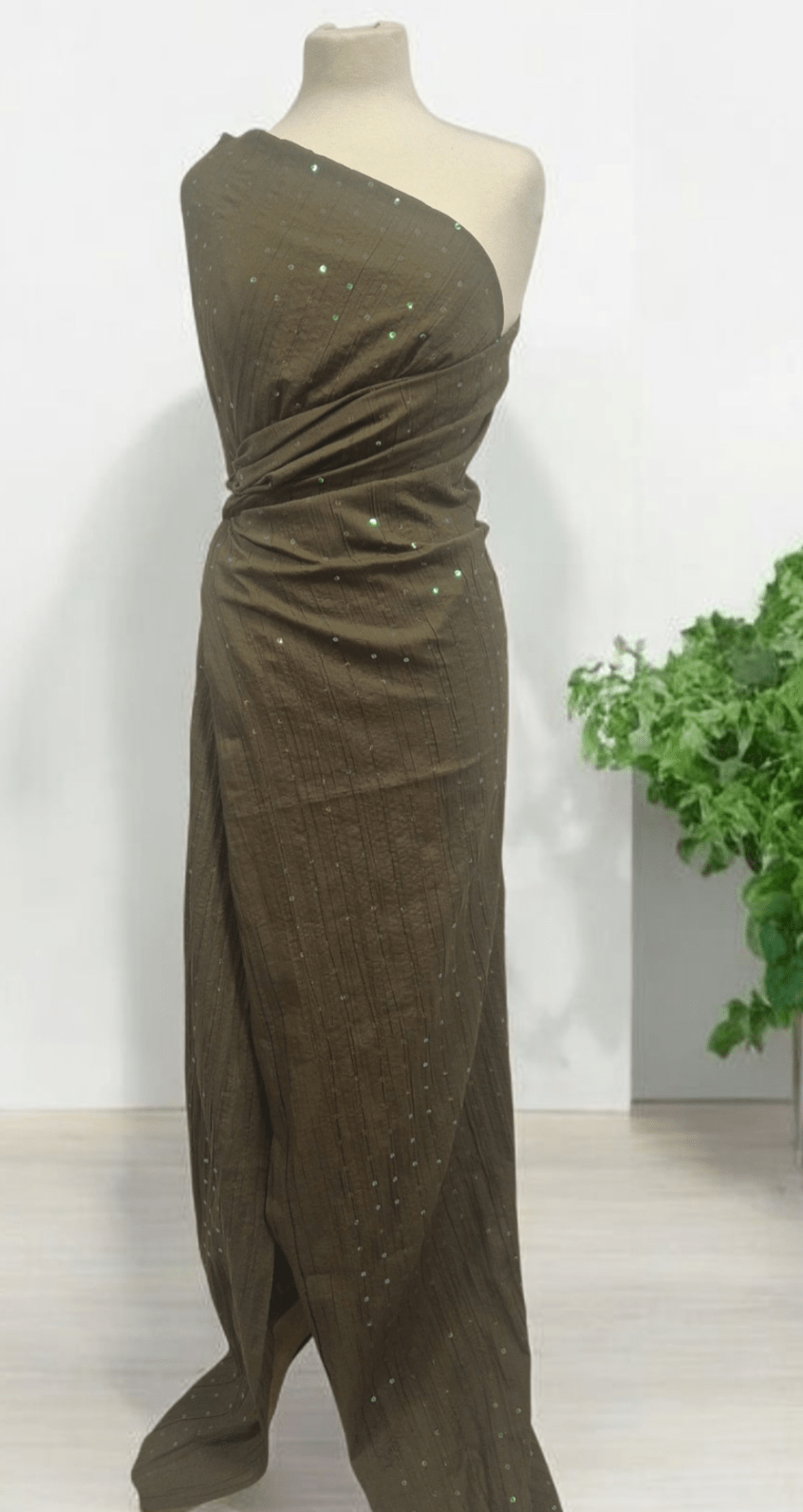 Khaki Sequin Crinkled Lightweight Non Stretch Woven Fabric - T9 Fabrics