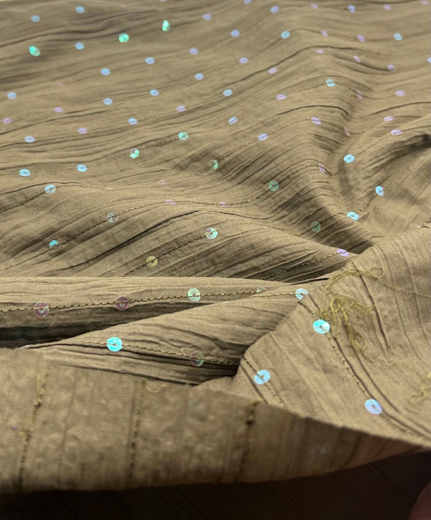 Khaki Sequin Crinkled Lightweight Non Stretch Woven Fabric - T9 Fabrics
