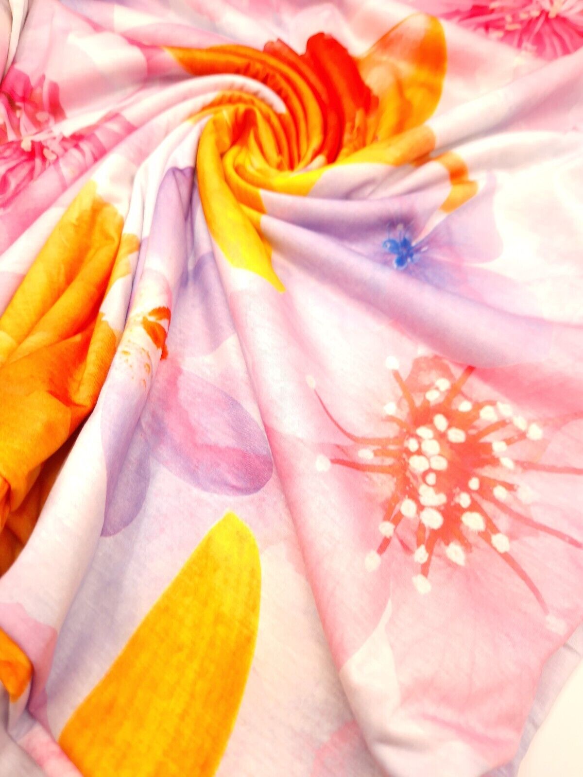 Large Lilac Orange Floral Print Spun Poly Stretch Fabric - T9 Fabrics
