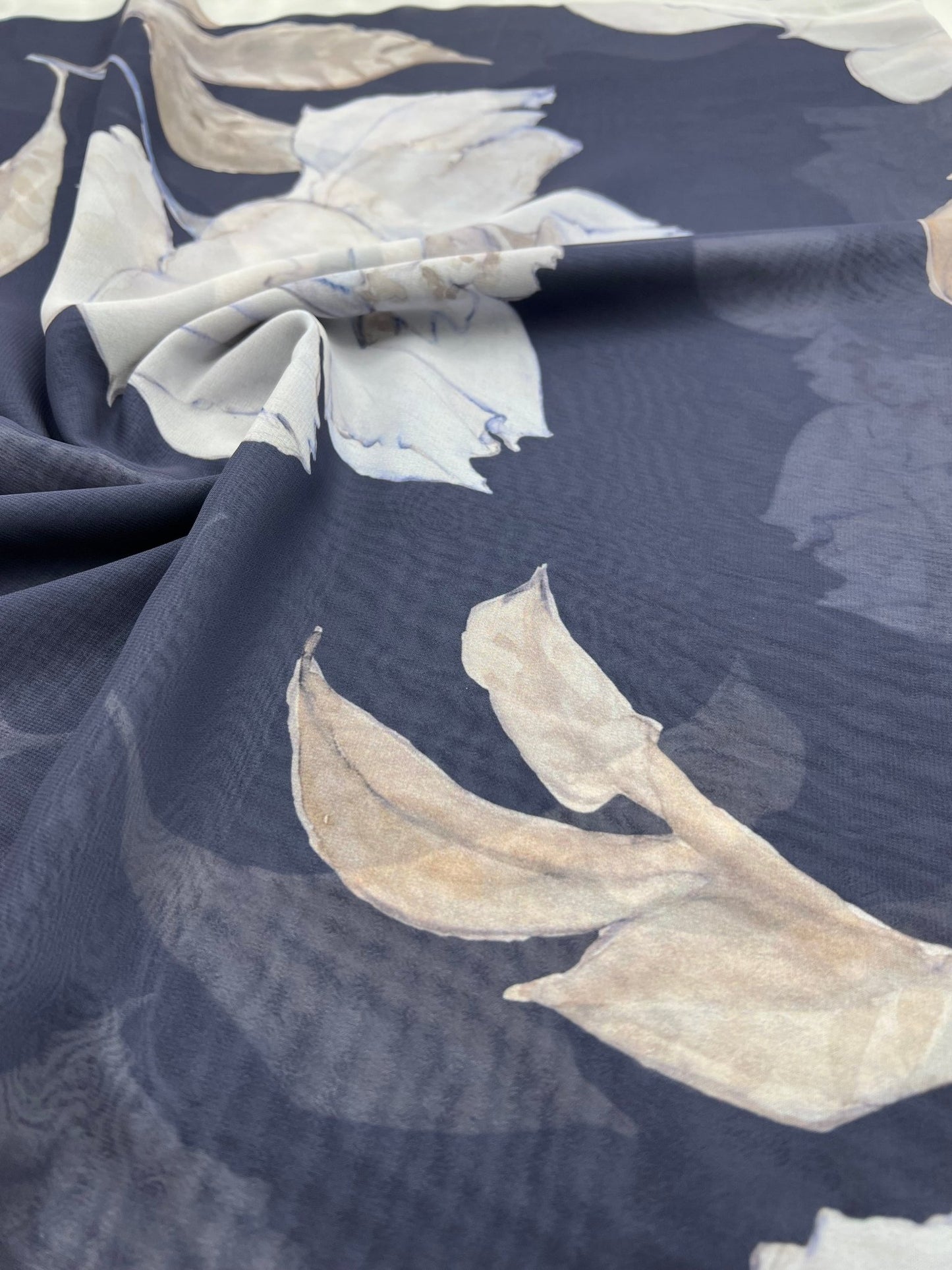 Large White Floral Printed Chiffon Dress Fabric - T9 Fabrics
