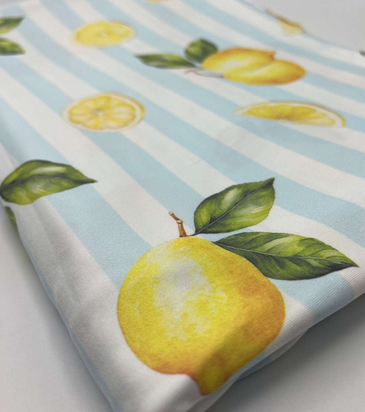 Lemon Blue Stripe Super Soft Print Spun Poly Stretch Fabric - T9 Fabrics