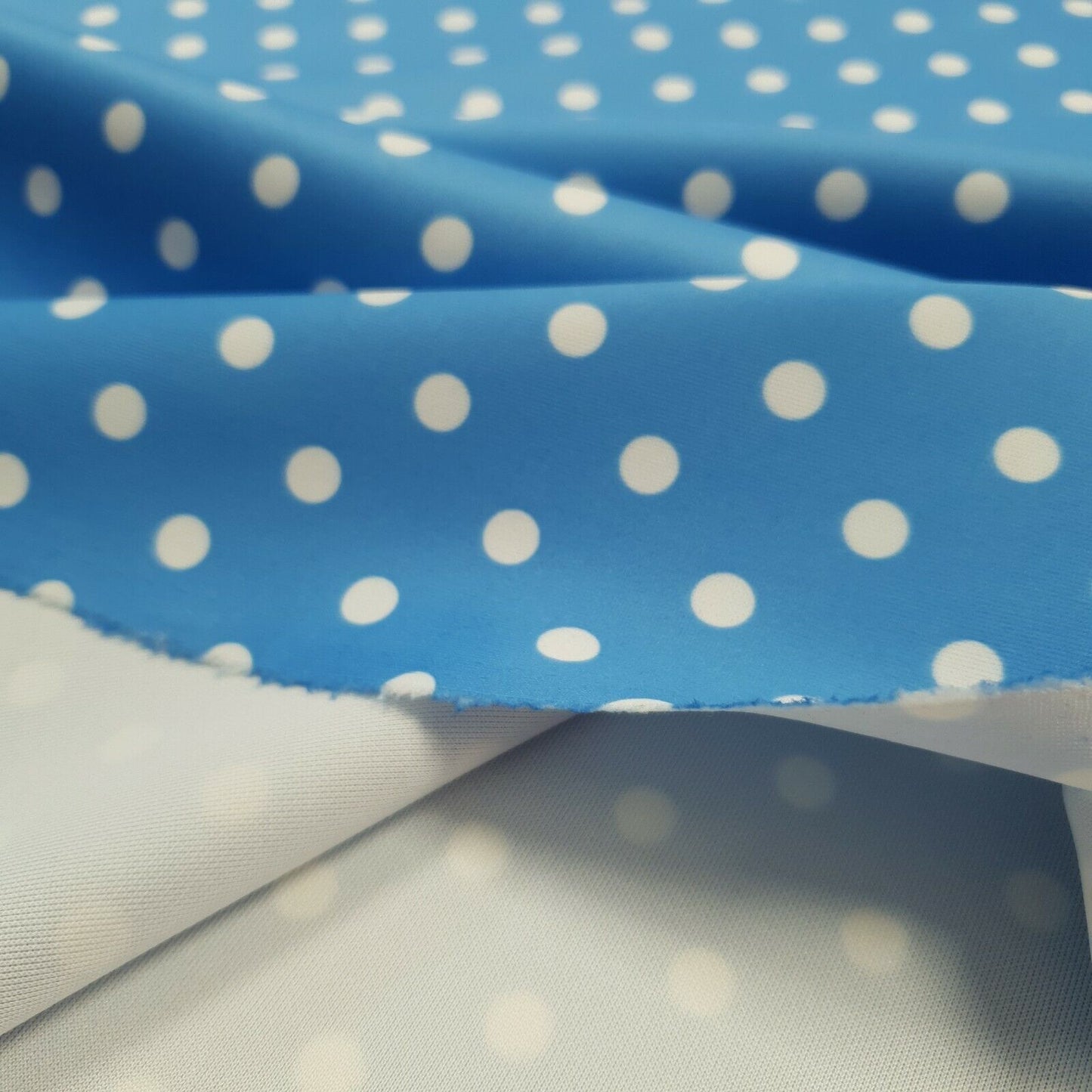 Light Blue/White Polka Dot Printed Plain Scuba Fabric - T9 Fabrics