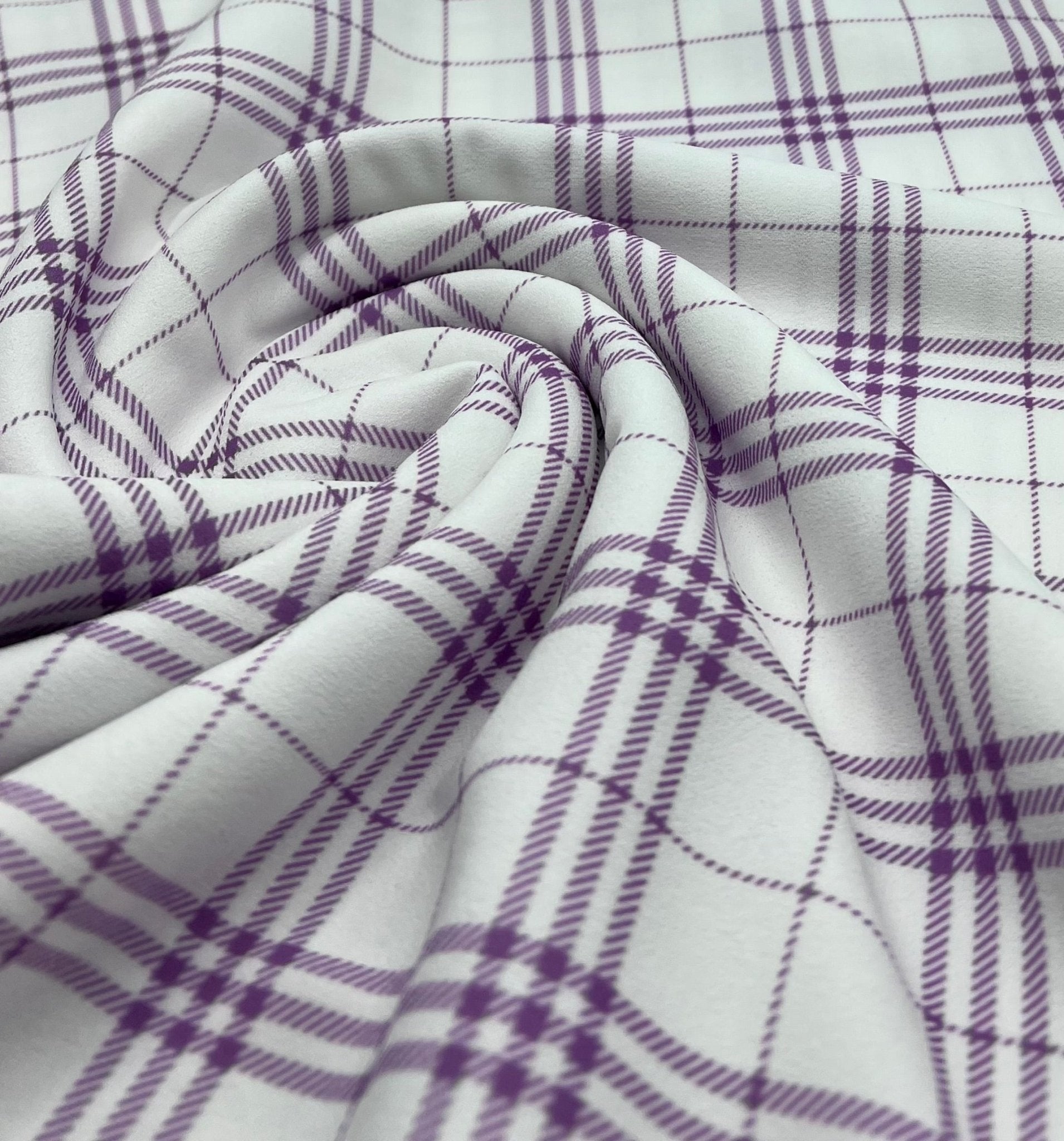 Lilac Check Printed Scuba Crepe Jersey Fabric 4 Way Stretch - T9 Fabrics