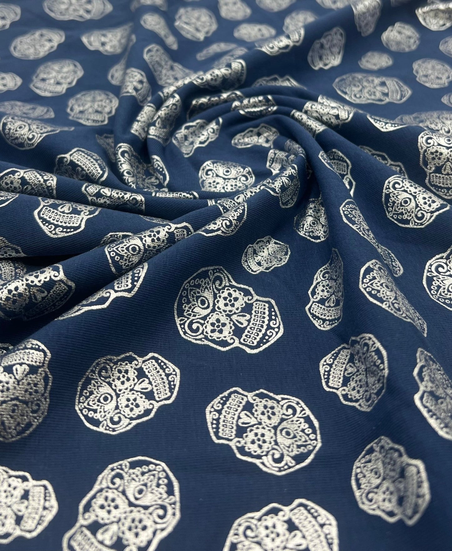 Metallic Skulls Cotton Stretch Jersey 200 GSM 95/5 Lycra 4 Way Stretch - T9 Fabrics