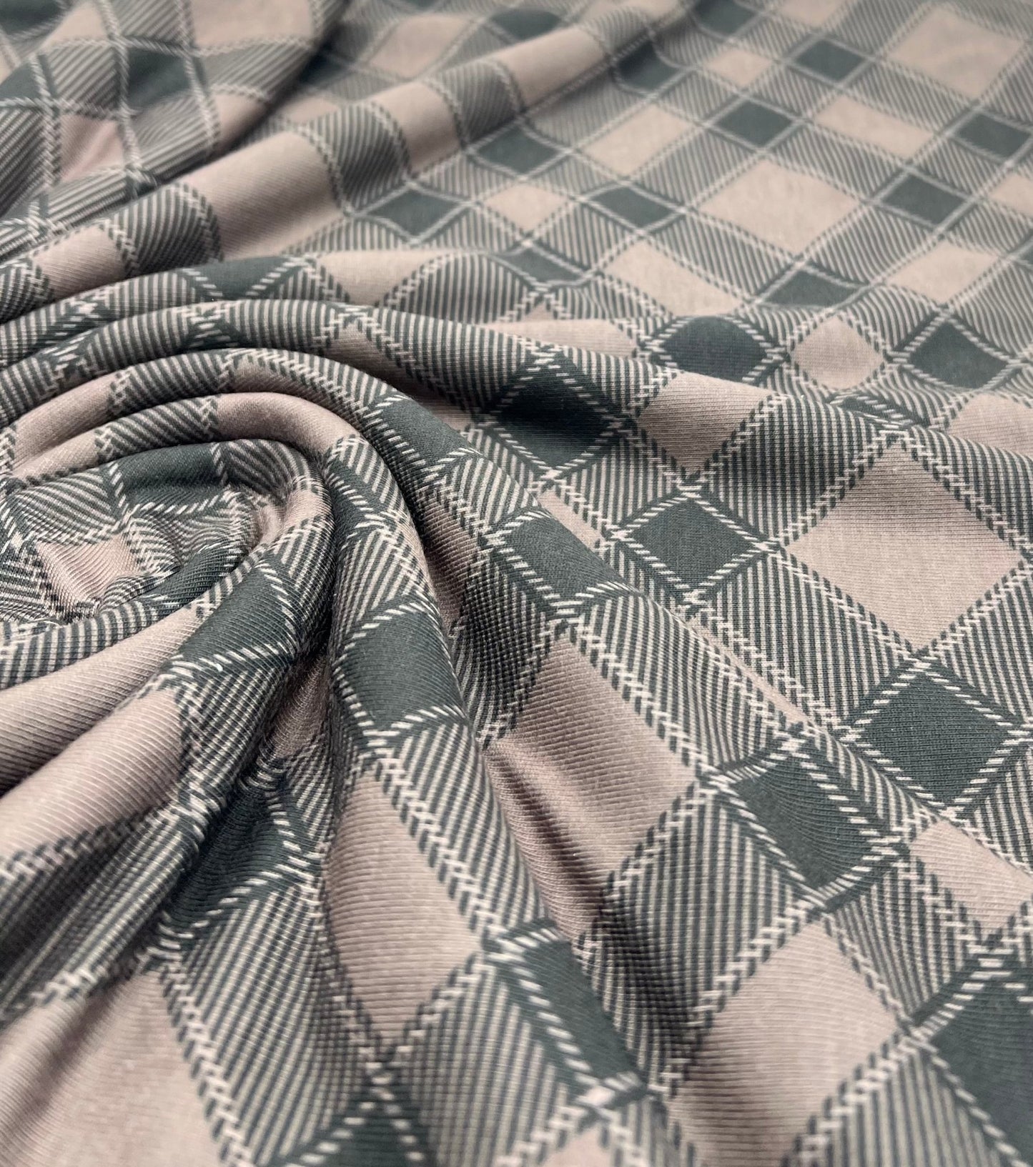 Mocha Black Diamond Check Print Spun Poly Stretch Fabric - T9 Fabrics