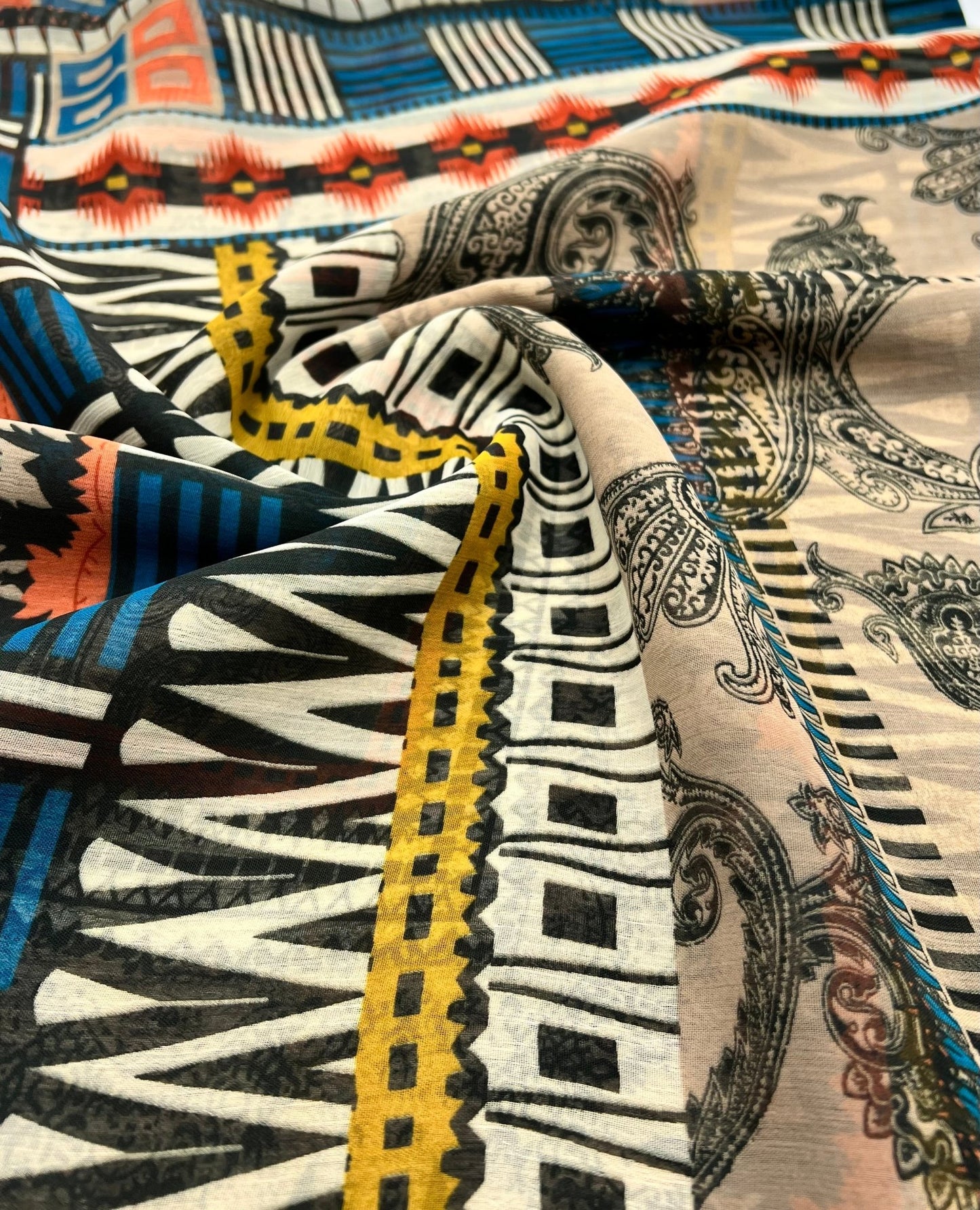 Multi Brown Stone Squares Print Chiffon Sheer Dress Fabric - T9 Fabrics