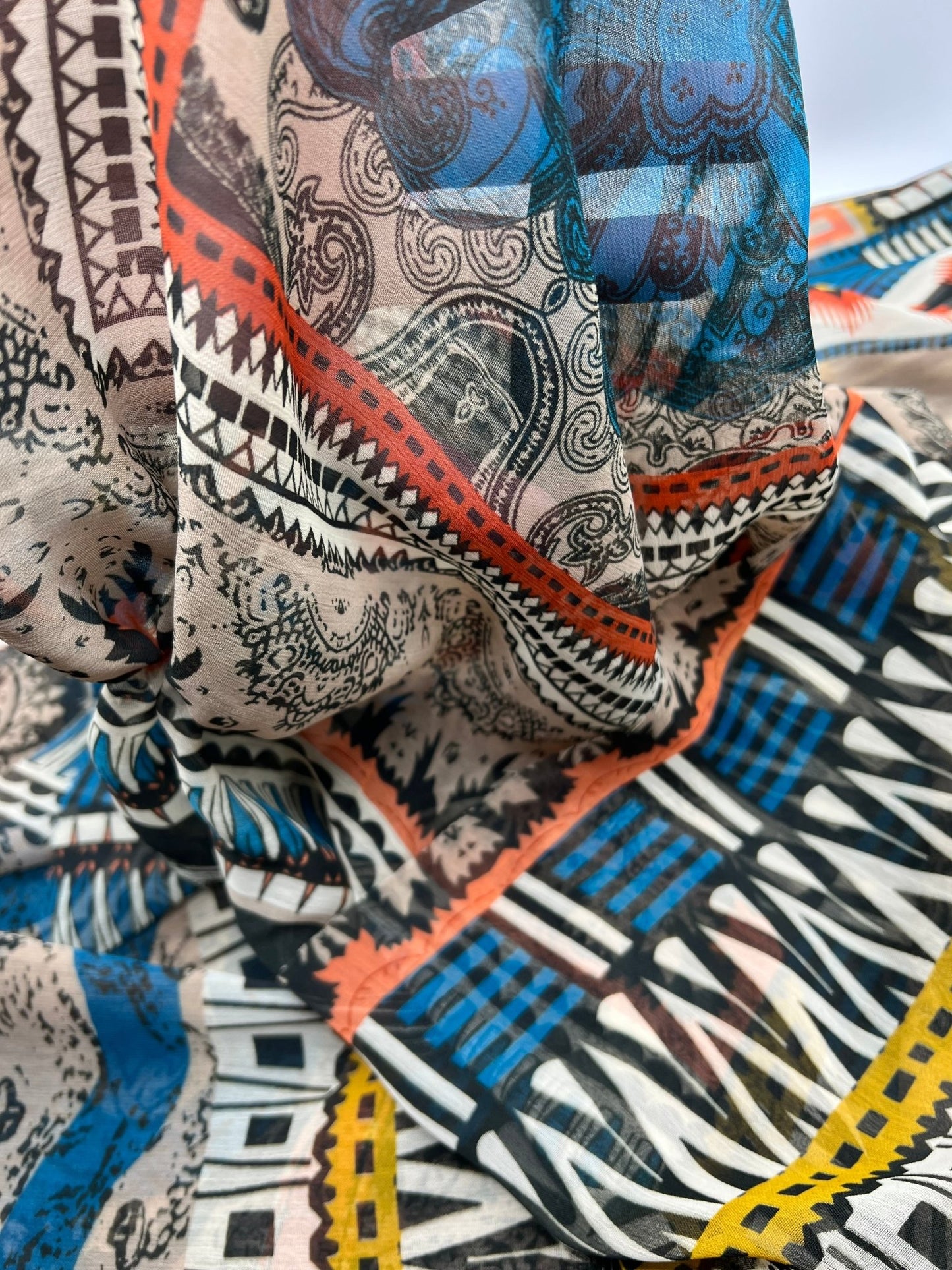 Multi Brown Stone Squares Print Chiffon Sheer Dress Fabric - T9 Fabrics
