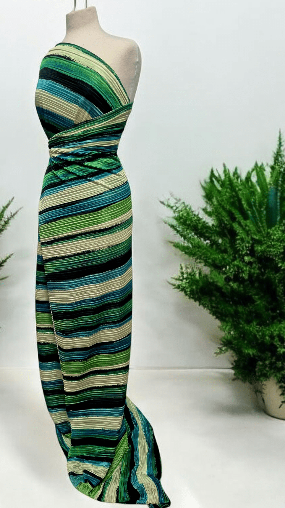 Multi Green Stripe Printed Plisse Pleated Stretch Fabric - T9 Fabrics