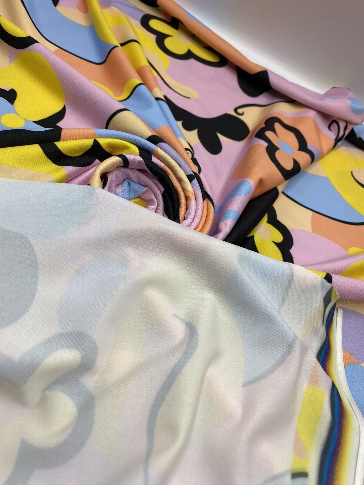 Multi Pastel Funky Retro Print Soft Touch Stretch Fabric - T9 Fabrics