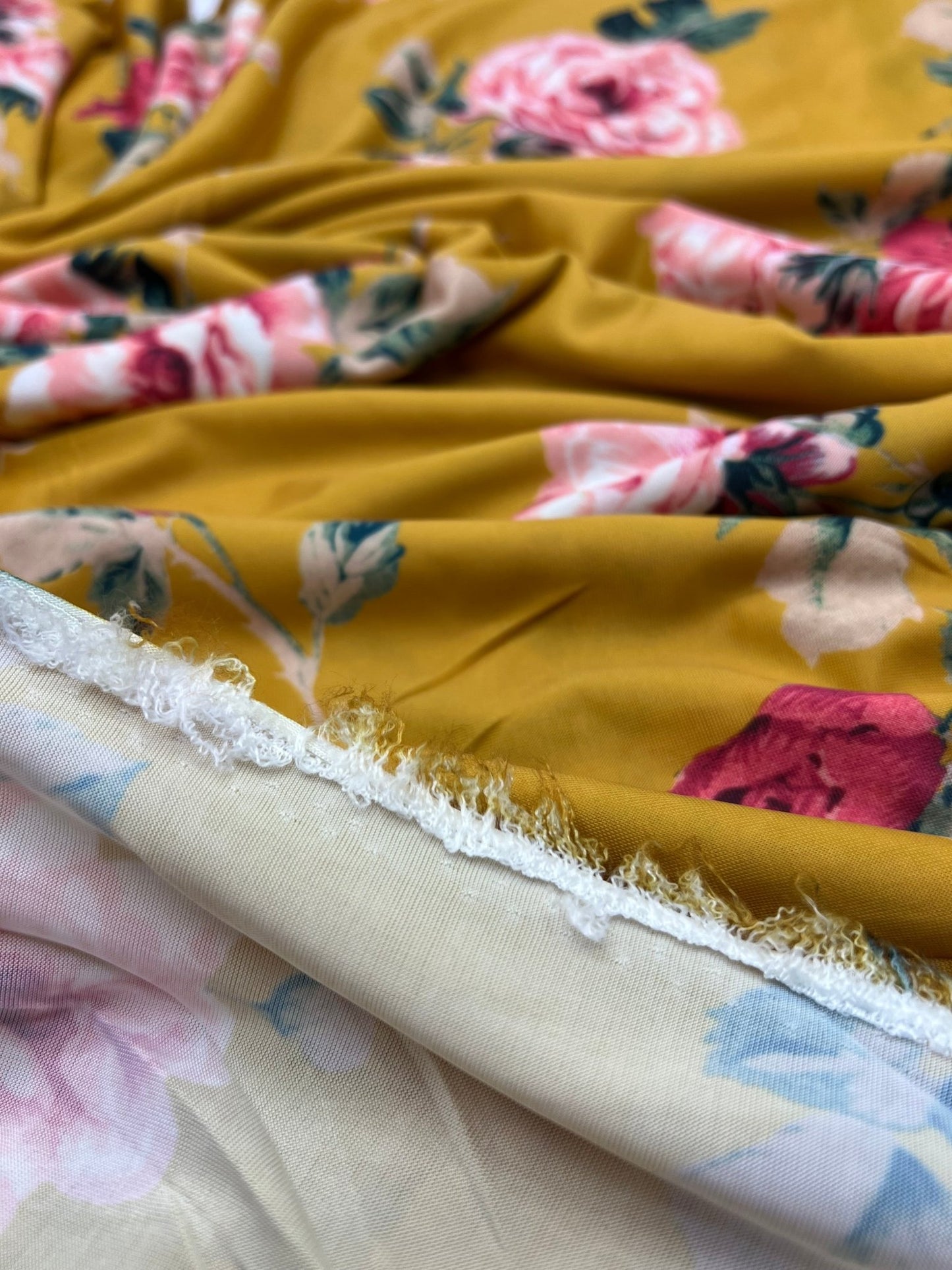 Mustard Yellow Floral Print Soft Touch 4 Way Stretch Fabric - T9 Fabrics