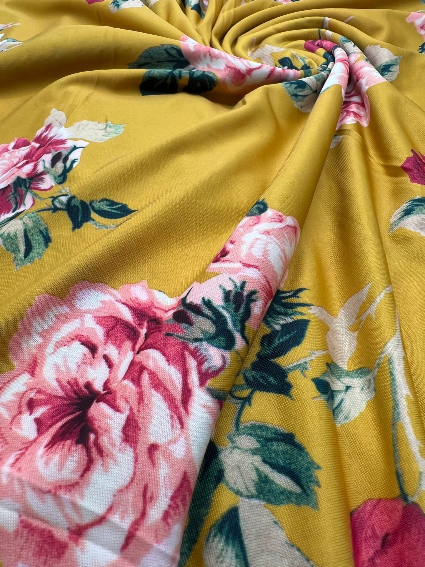 Mustard Yellow Floral Print Soft Touch 4 Way Stretch Fabric - T9 Fabrics