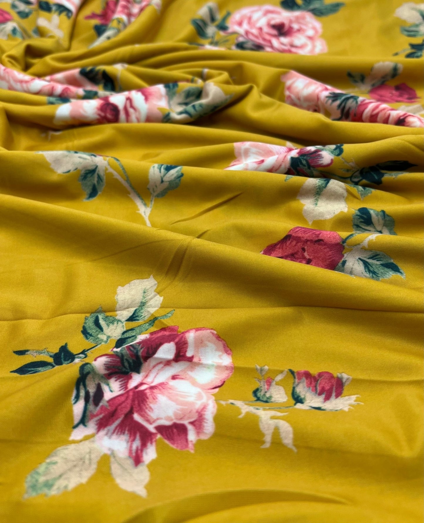 Mustard Yellow Floral Print Soft Touch 4 Way Stretch Fabric - T9 Fabrics