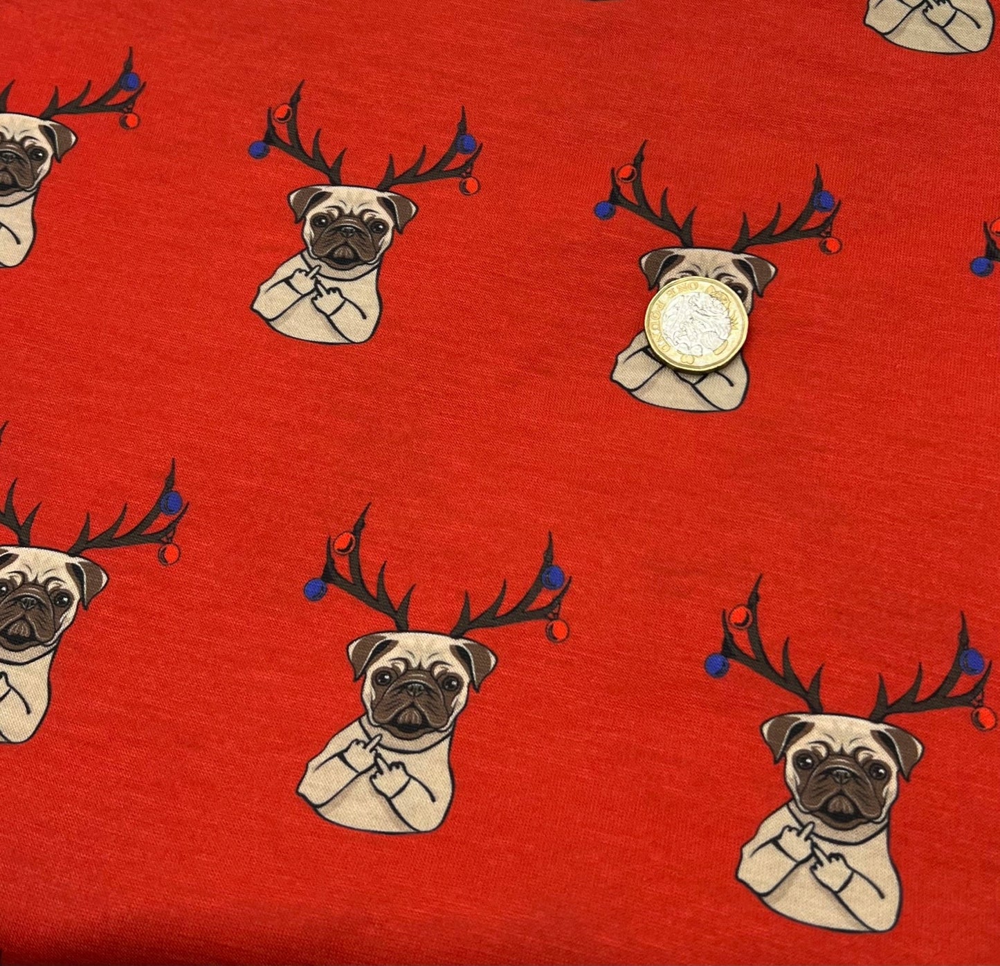 Naughty Pug Print Soft Spun Poly Stretch Fabric - T9 Fabrics