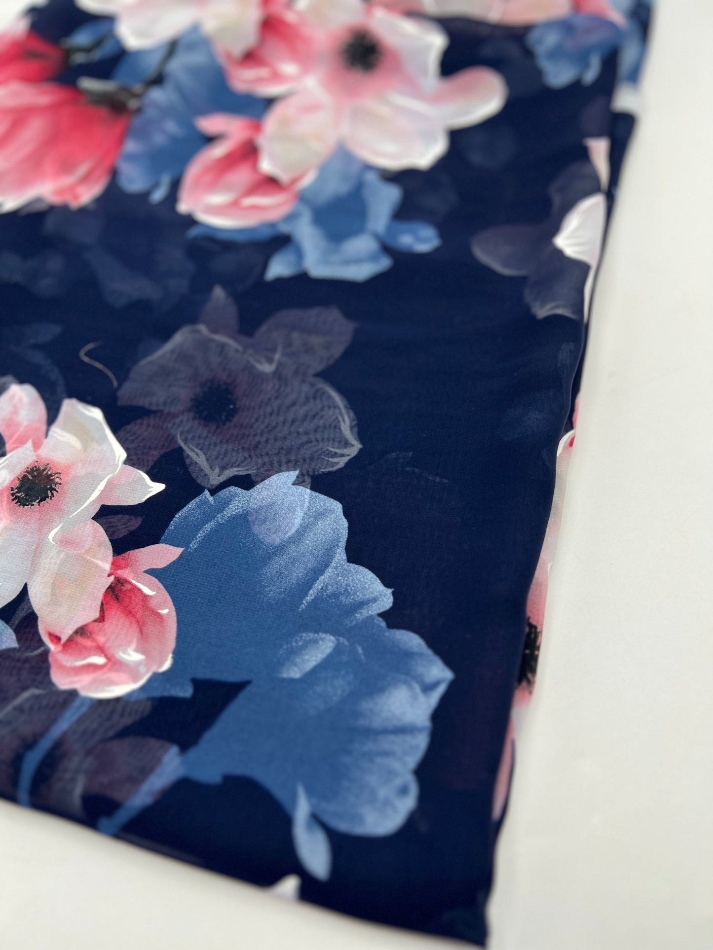 Navy Blooms Floral Printed Chiffon Dress Fabric - T9 Fabrics
