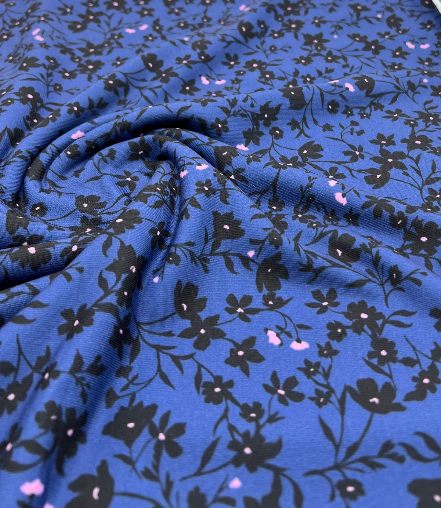 Navy Blue Ditsy Floral Print Viscose Elastane 4 Way Stretch Fabric - T9 Fabrics