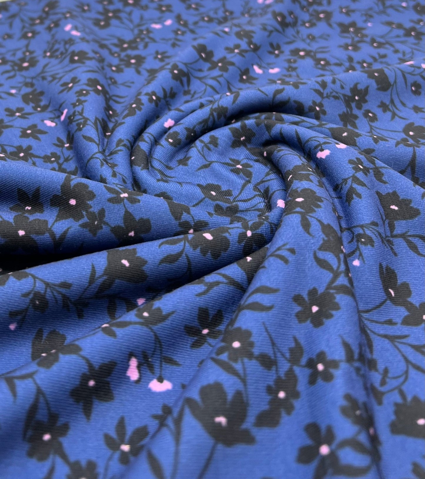 Navy Blue Ditsy Floral Print Viscose Elastane 4 Way Stretch Fabric - T9 Fabrics