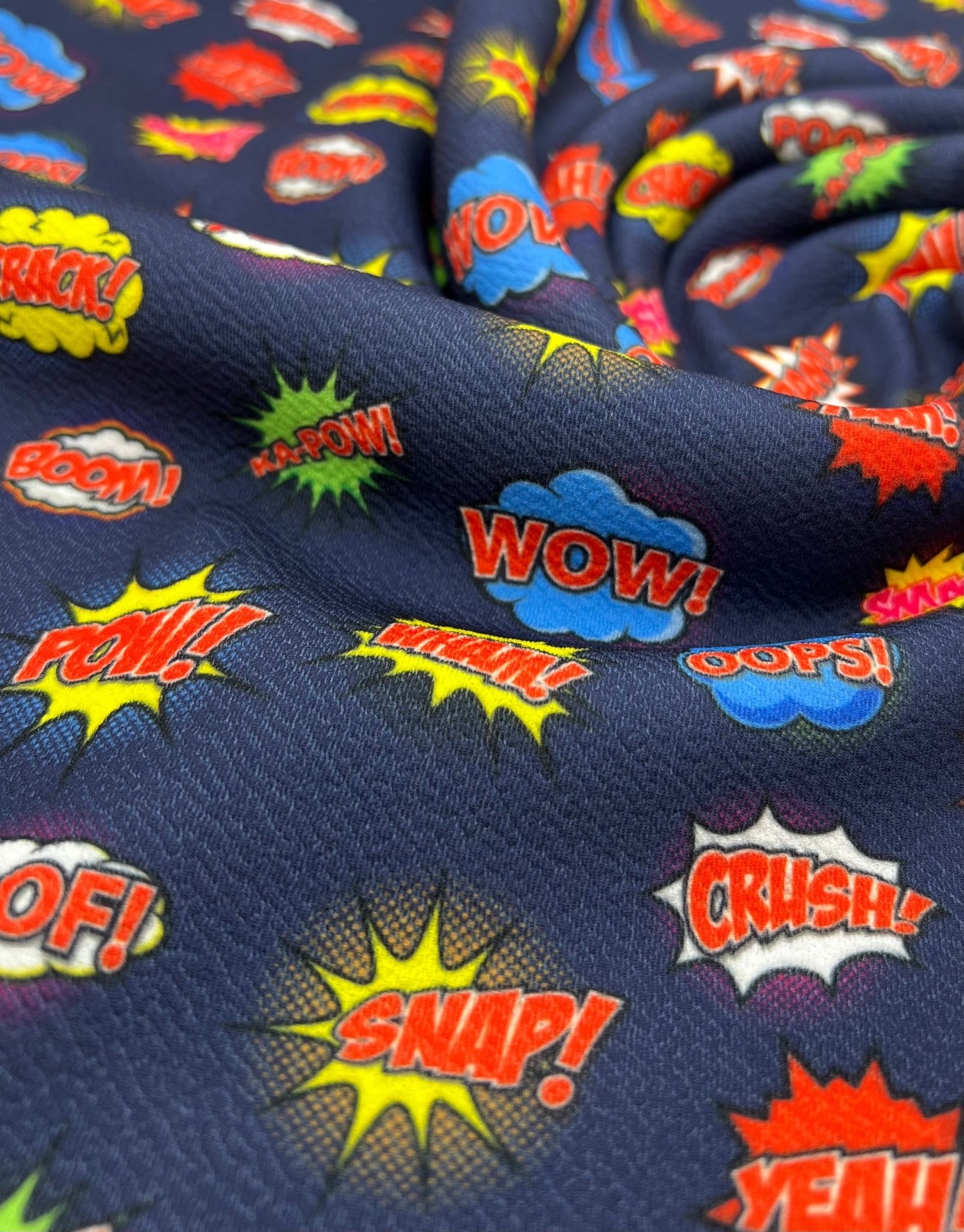 Navy Comic Print Liverpool Stretch Fabric - T9 Fabrics
