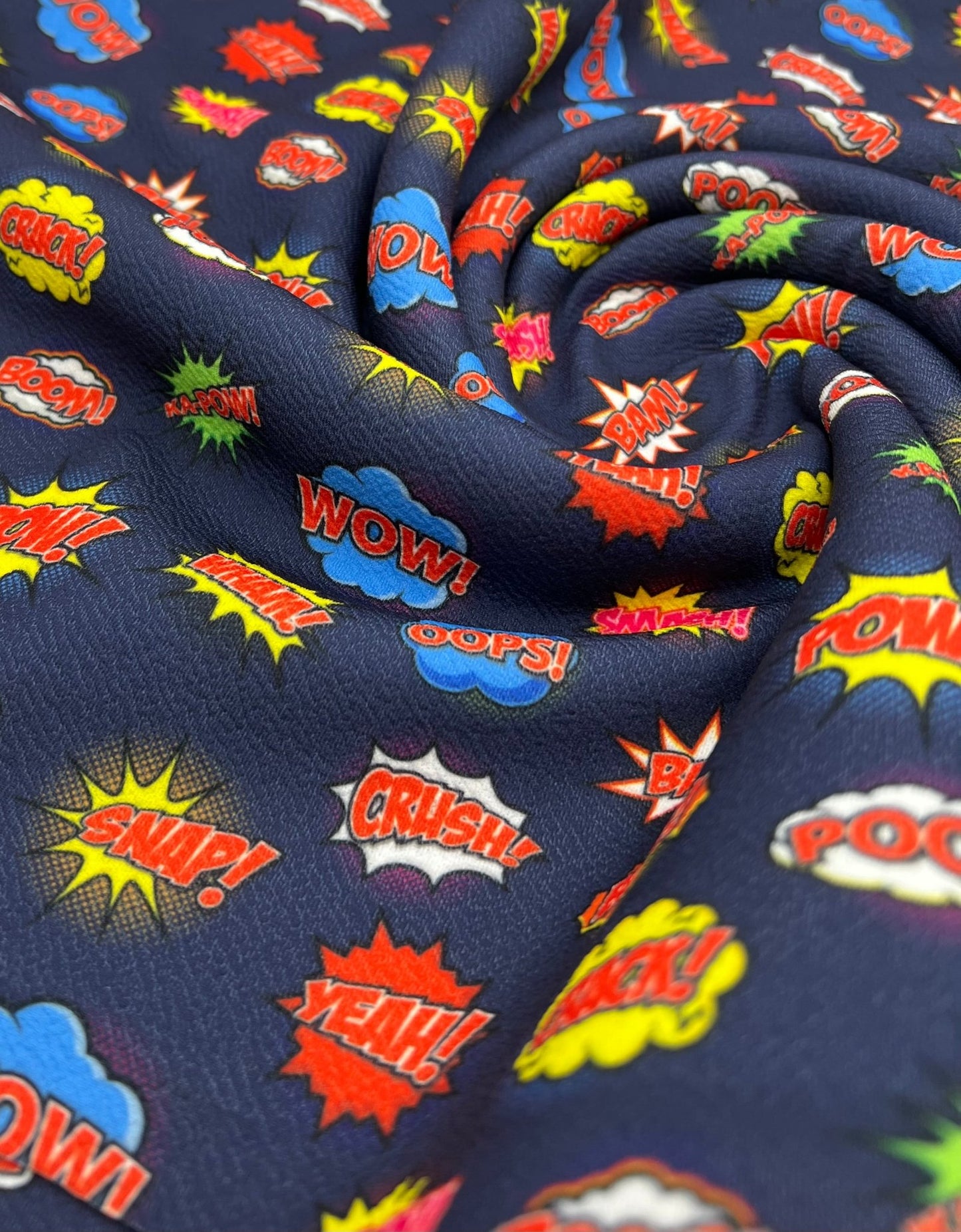 Navy Comic Print Liverpool Stretch Fabric - T9 Fabrics