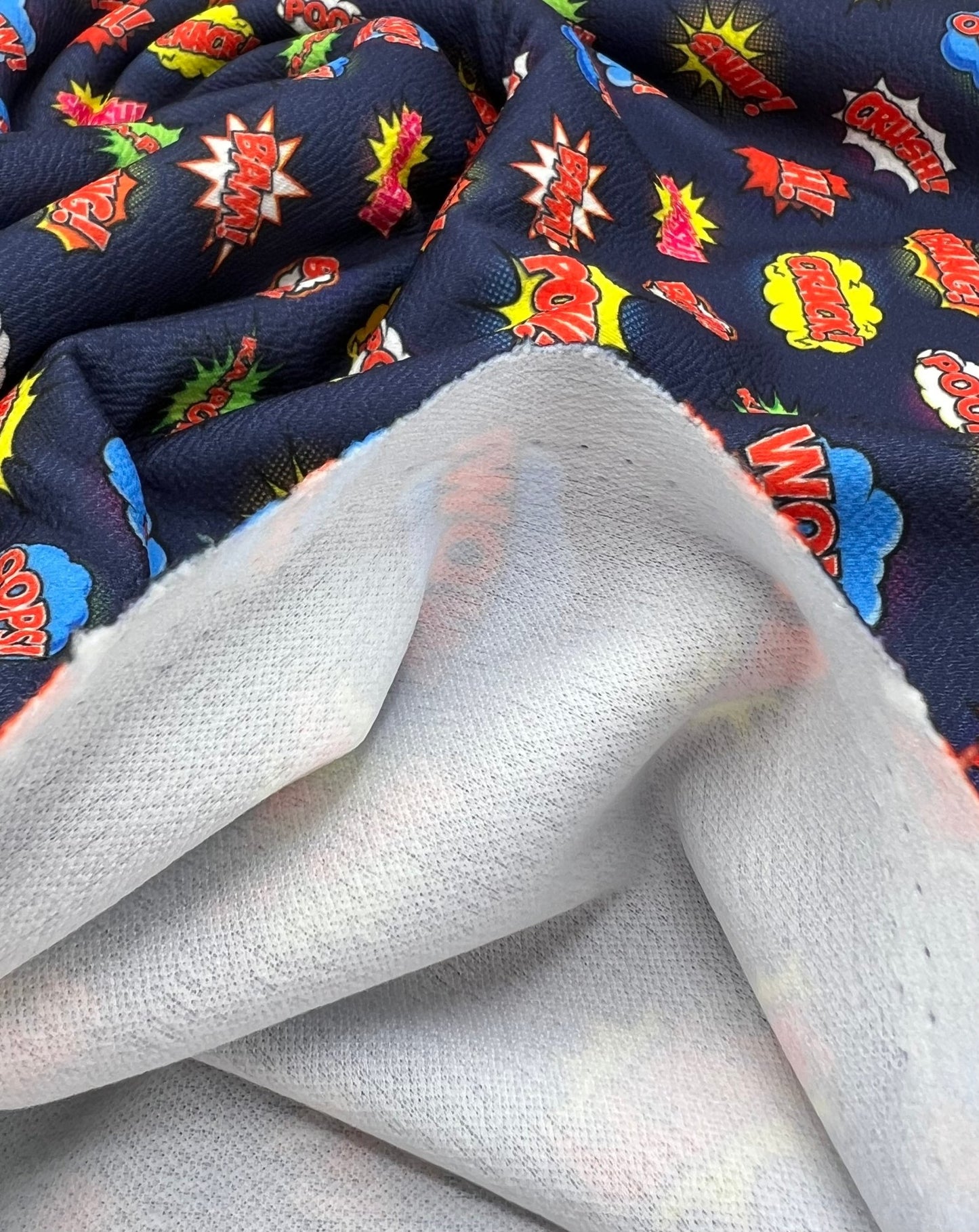 Navy Comic Print Liverpool Stretch Fabric - T9 Fabrics