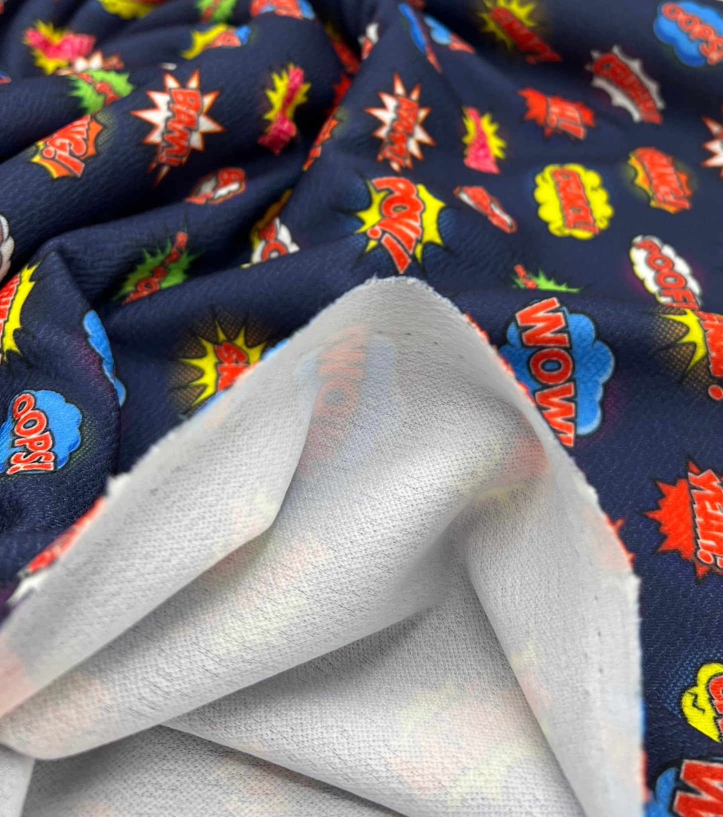Navy Comic Print Liverpool Stretch Fabric - T9 Fabrics