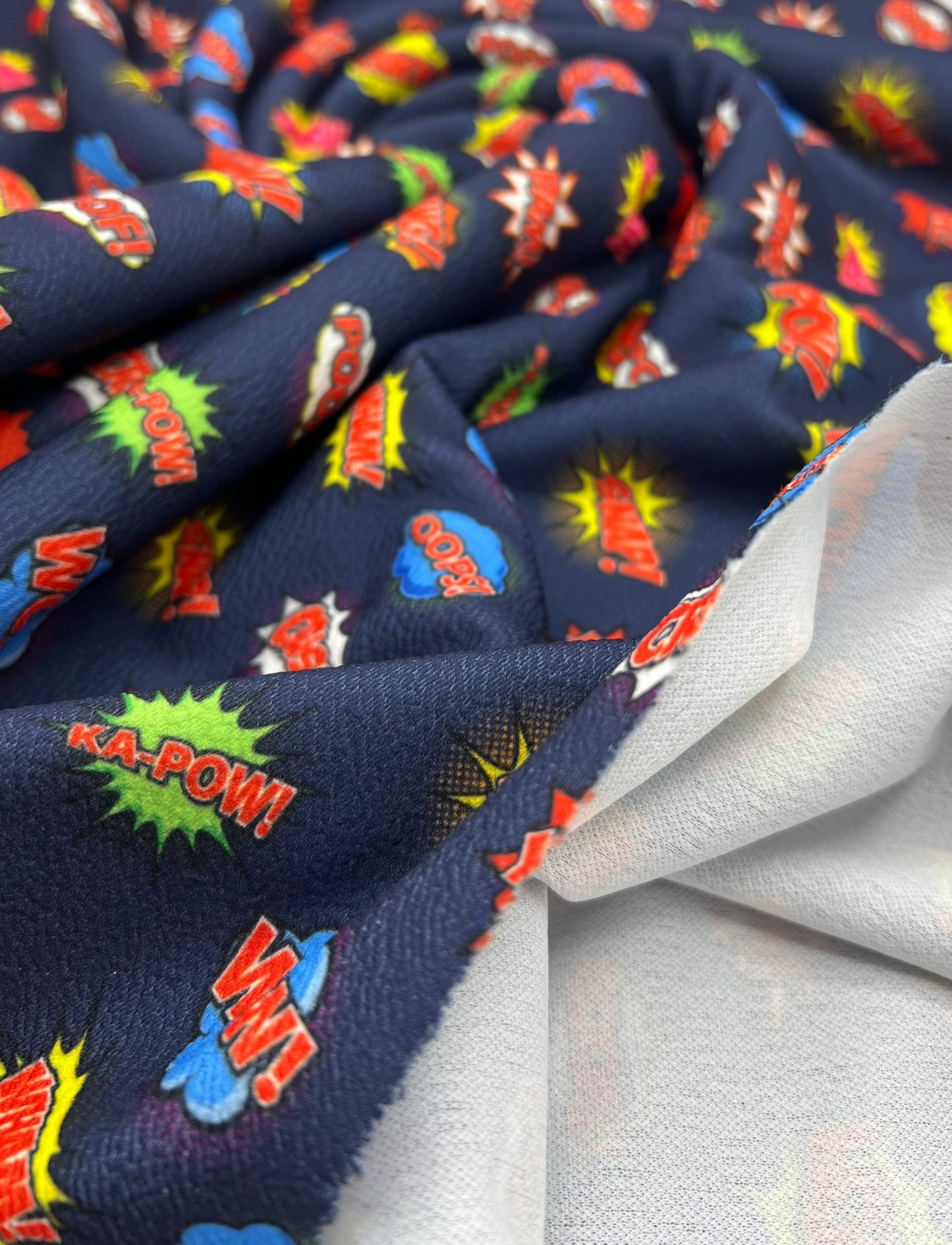 Navy Comic Print Liverpool Stretch Fabric - T9 Fabrics