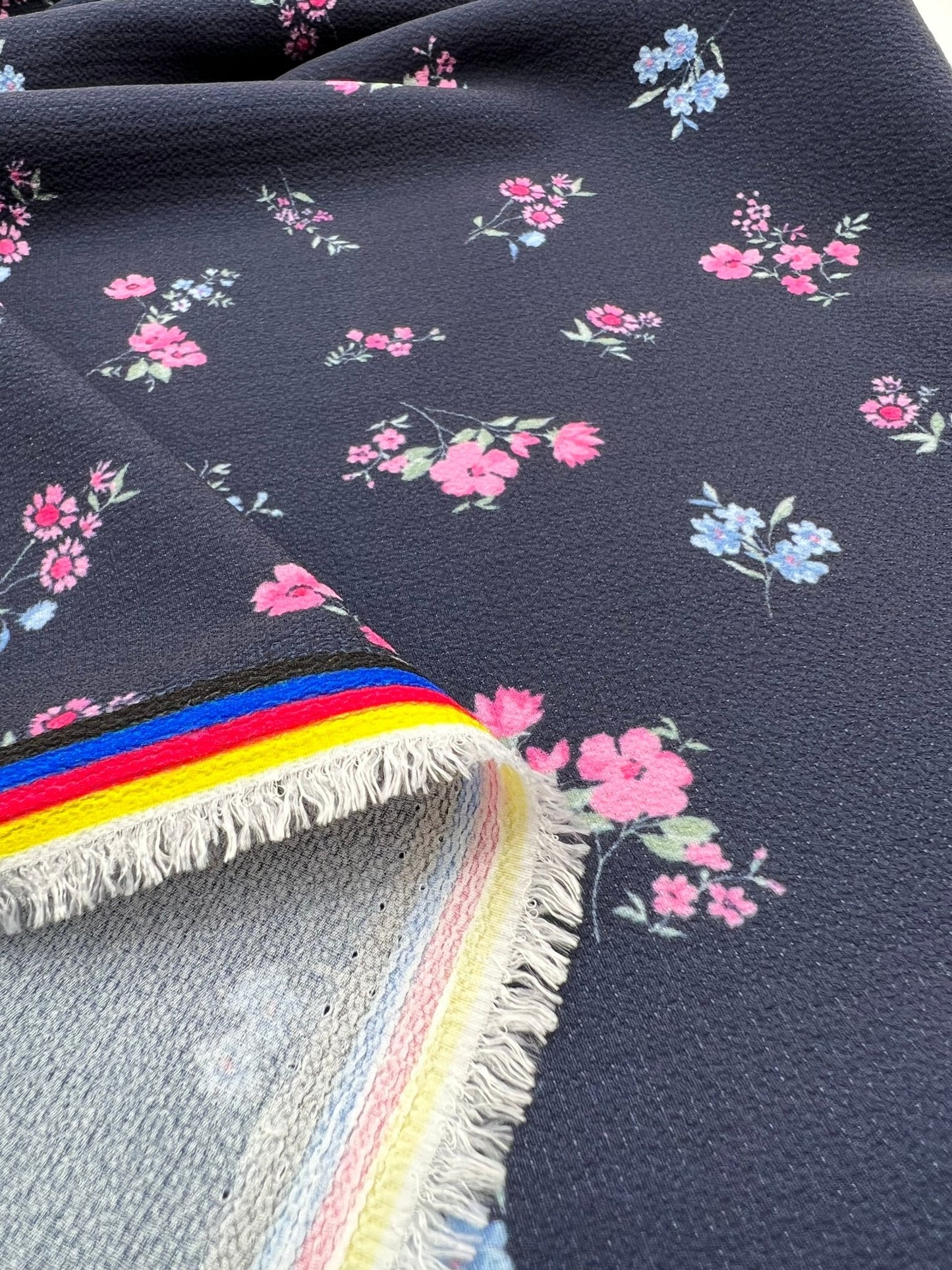 Navy Ditsy Floral Print Lightweight Bubble Crepe Fabric - T9 Fabrics